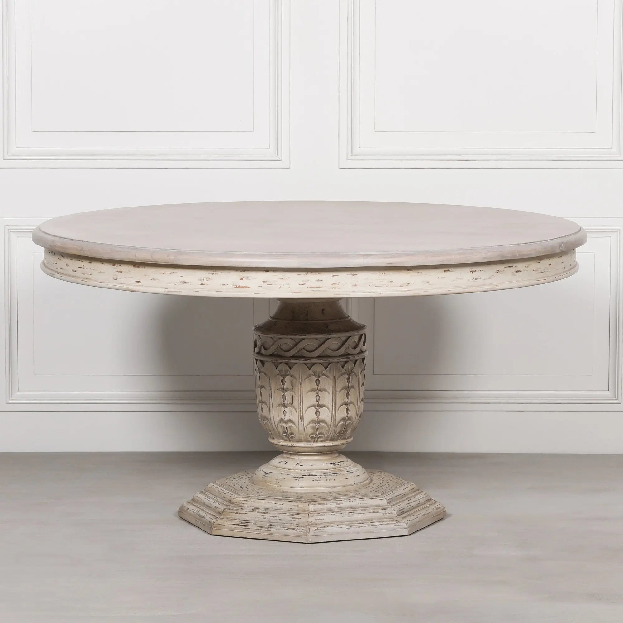 145cm Heavy Distressed Round Dining Table in White Cedar Wood   Nicholas John Interiors