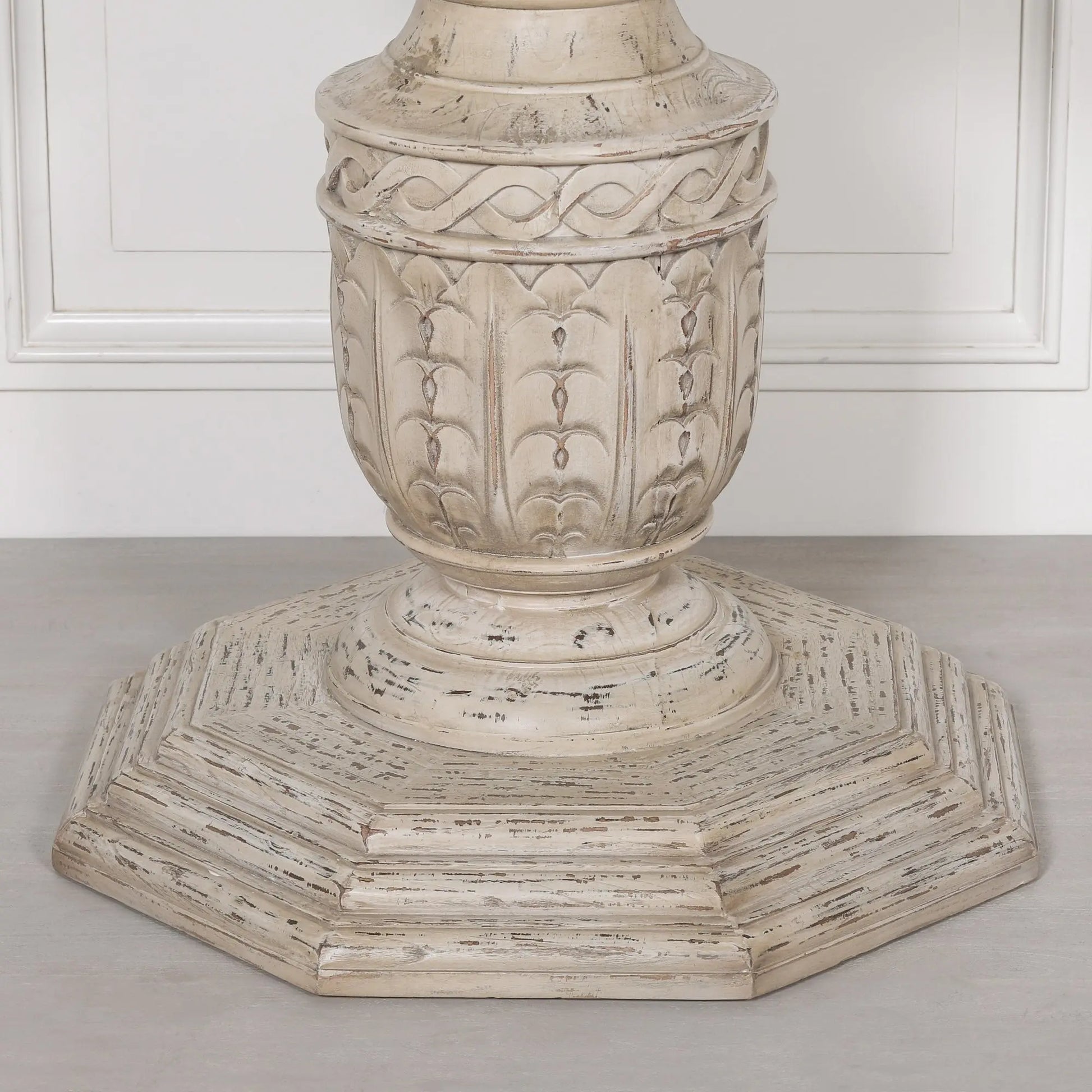 145cm Heavy Distressed Round Dining Table in White Cedar Wood   Nicholas John Interiors