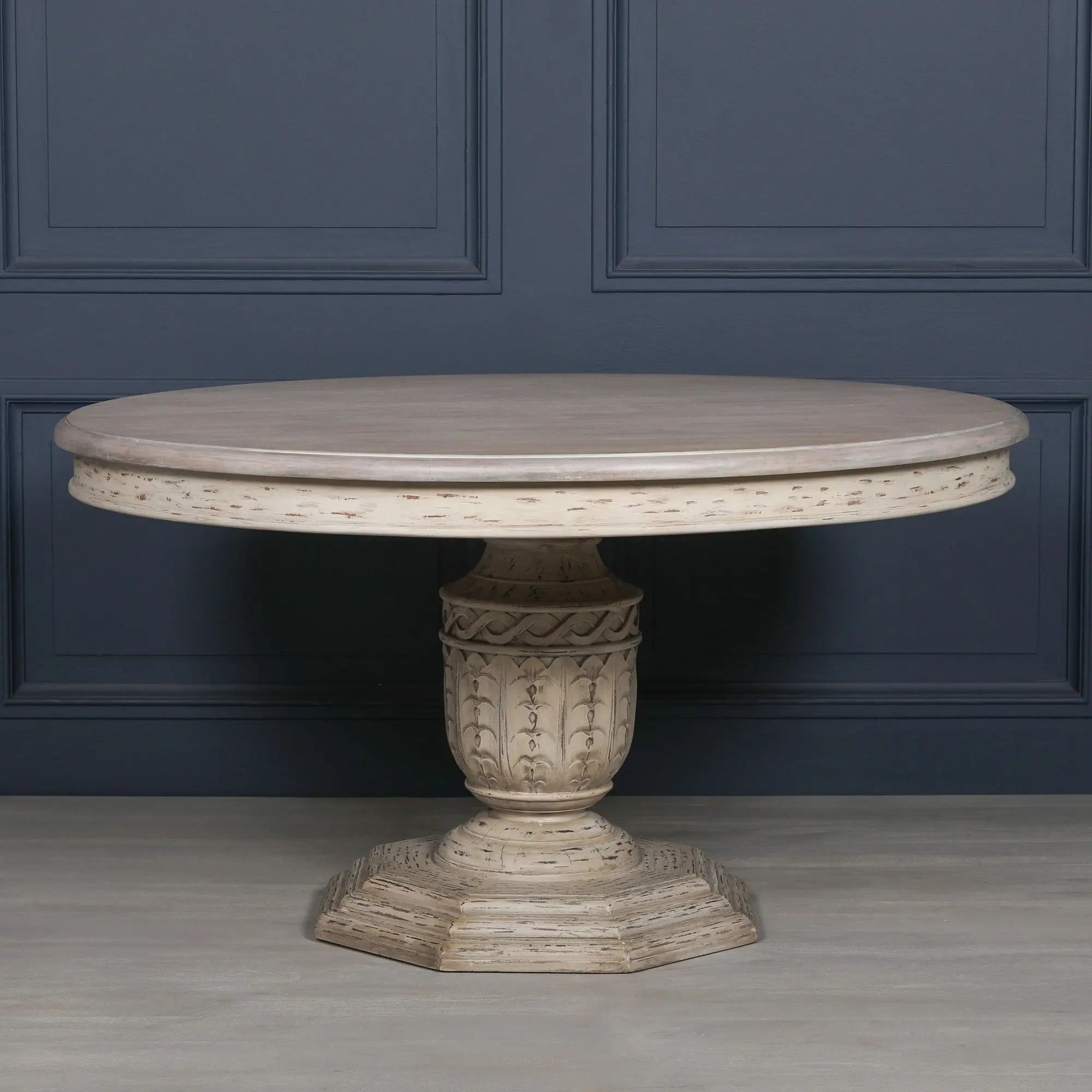 145cm Heavy Distressed Round Dining Table in White Cedar Wood   Nicholas John Interiors