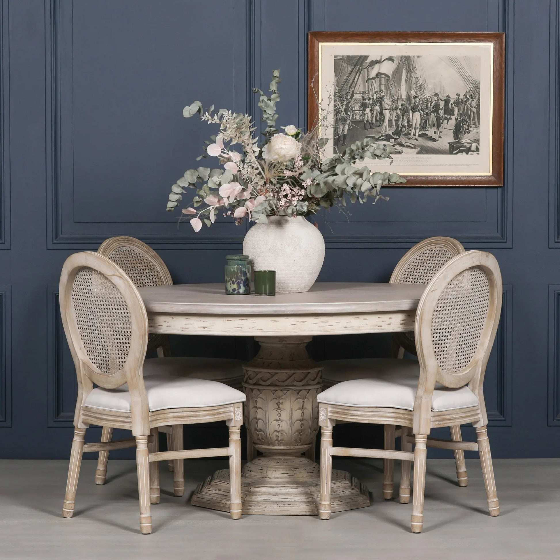 145cm Heavy Distressed Round Dining Table in White Cedar Wood   Nicholas John Interiors