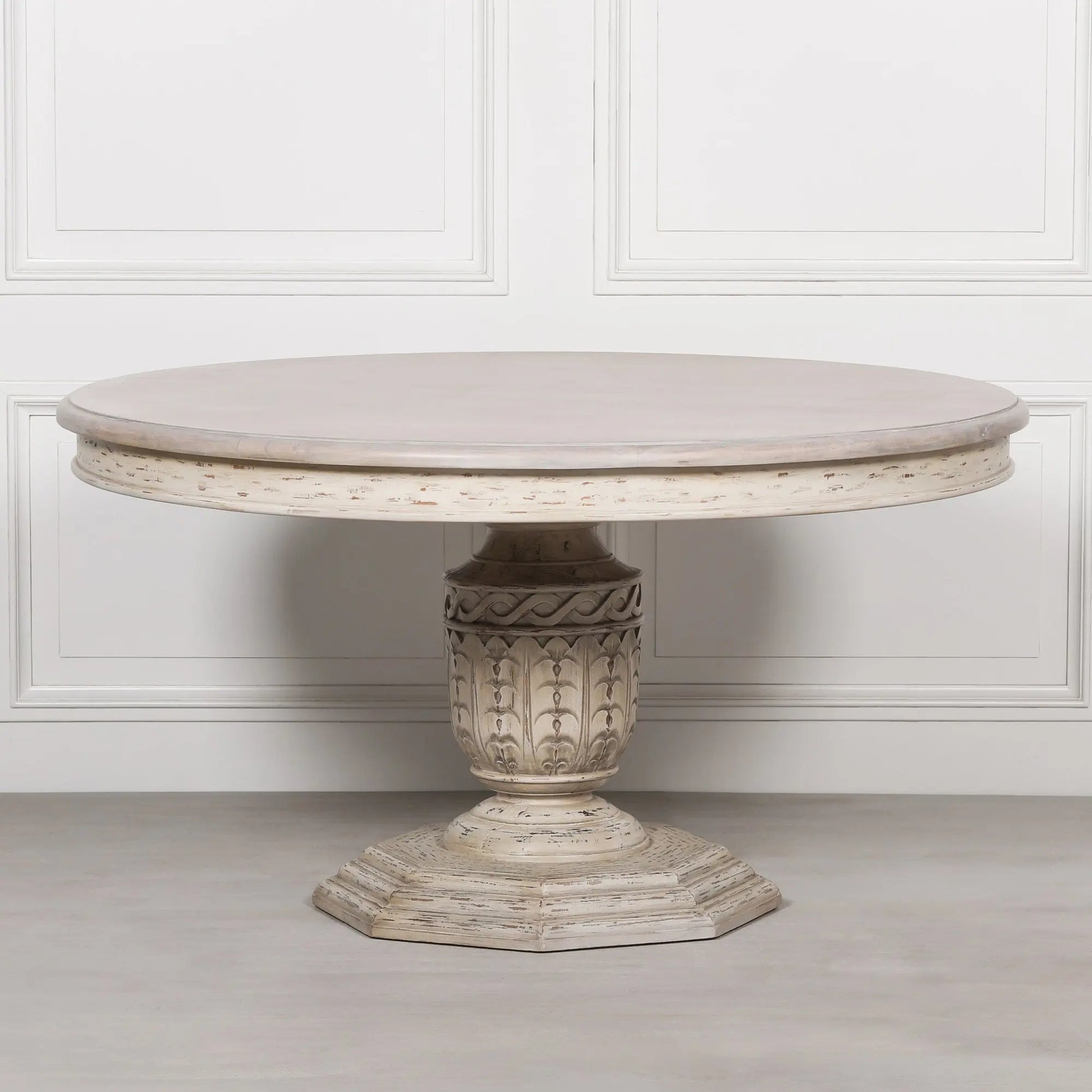 145cm Heavy Distressed Round Dining Table in White Cedar Wood   Nicholas John Interiors