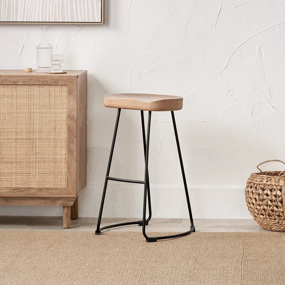 Laselle Ash Wood and Black Metal Bar Stool  Nicholas John Interiors