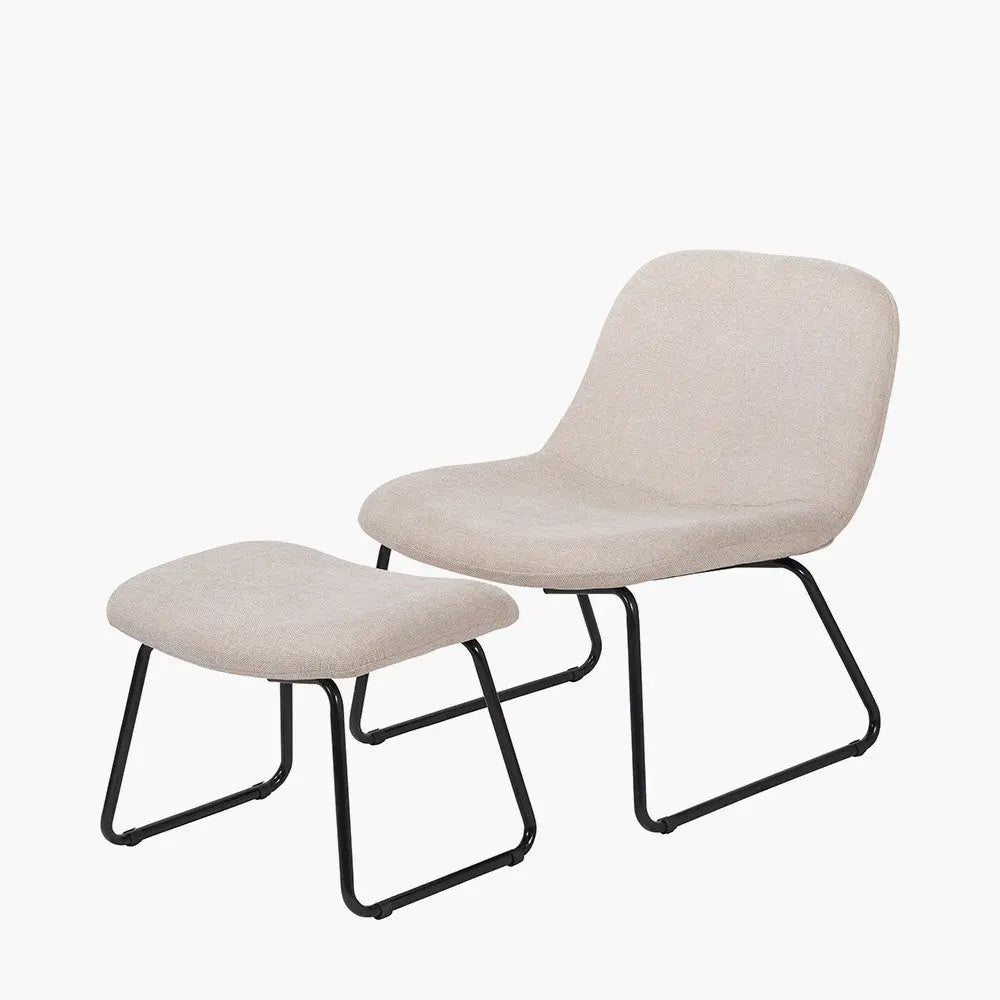 Chiara Natural Chenille and Black Metal Lounging Chair and Footstool  Nicholas John Interiors