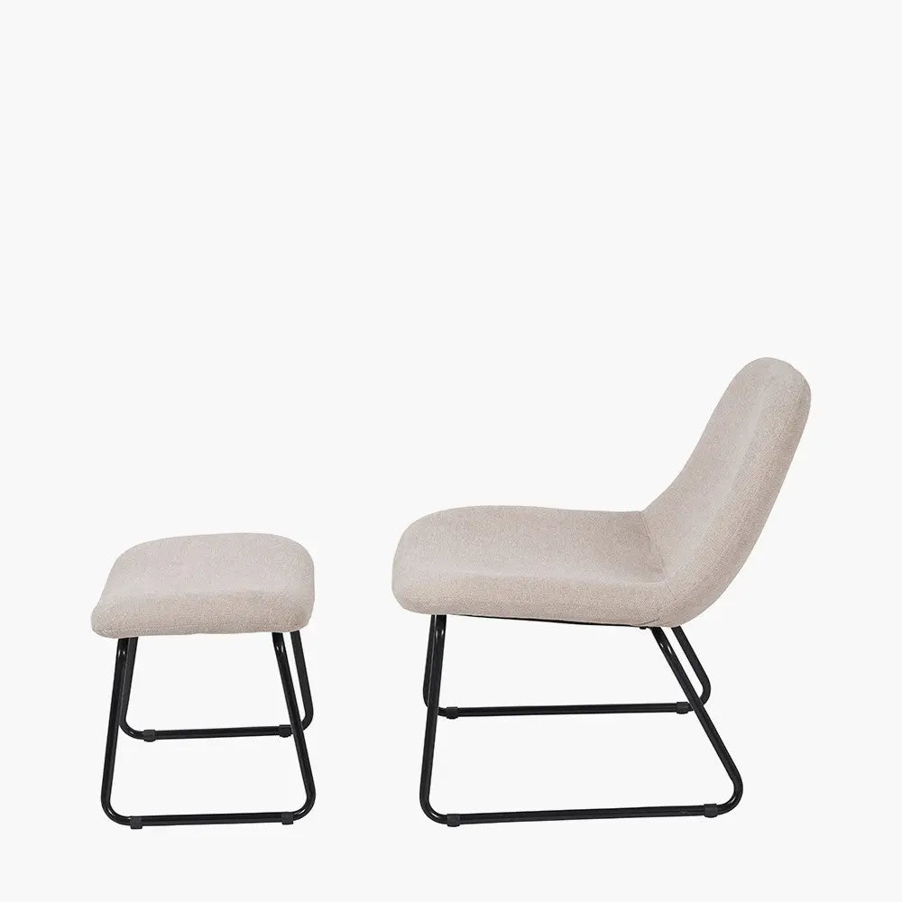 Chiara Natural Chenille and Black Metal Lounging Chair and Footstool  Nicholas John Interiors