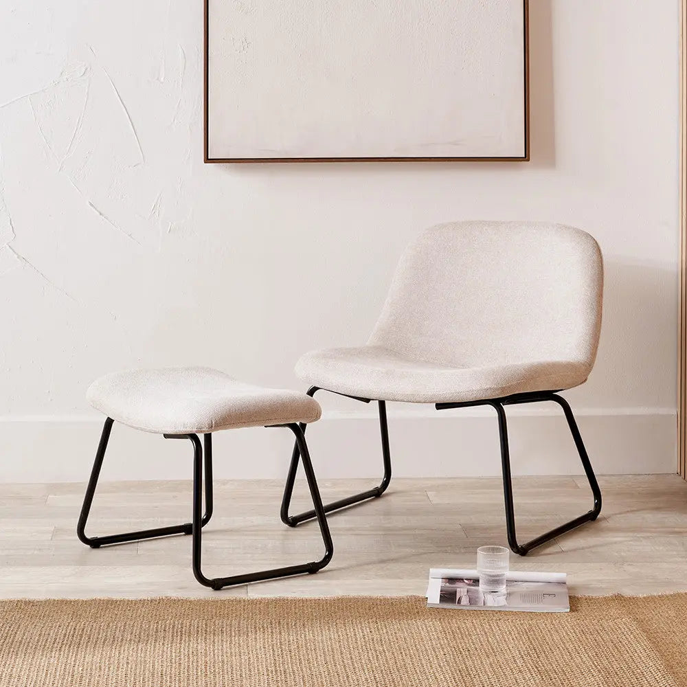 Chiara Natural Chenille and Black Metal Lounging Chair and Footstool  Nicholas John Interiors