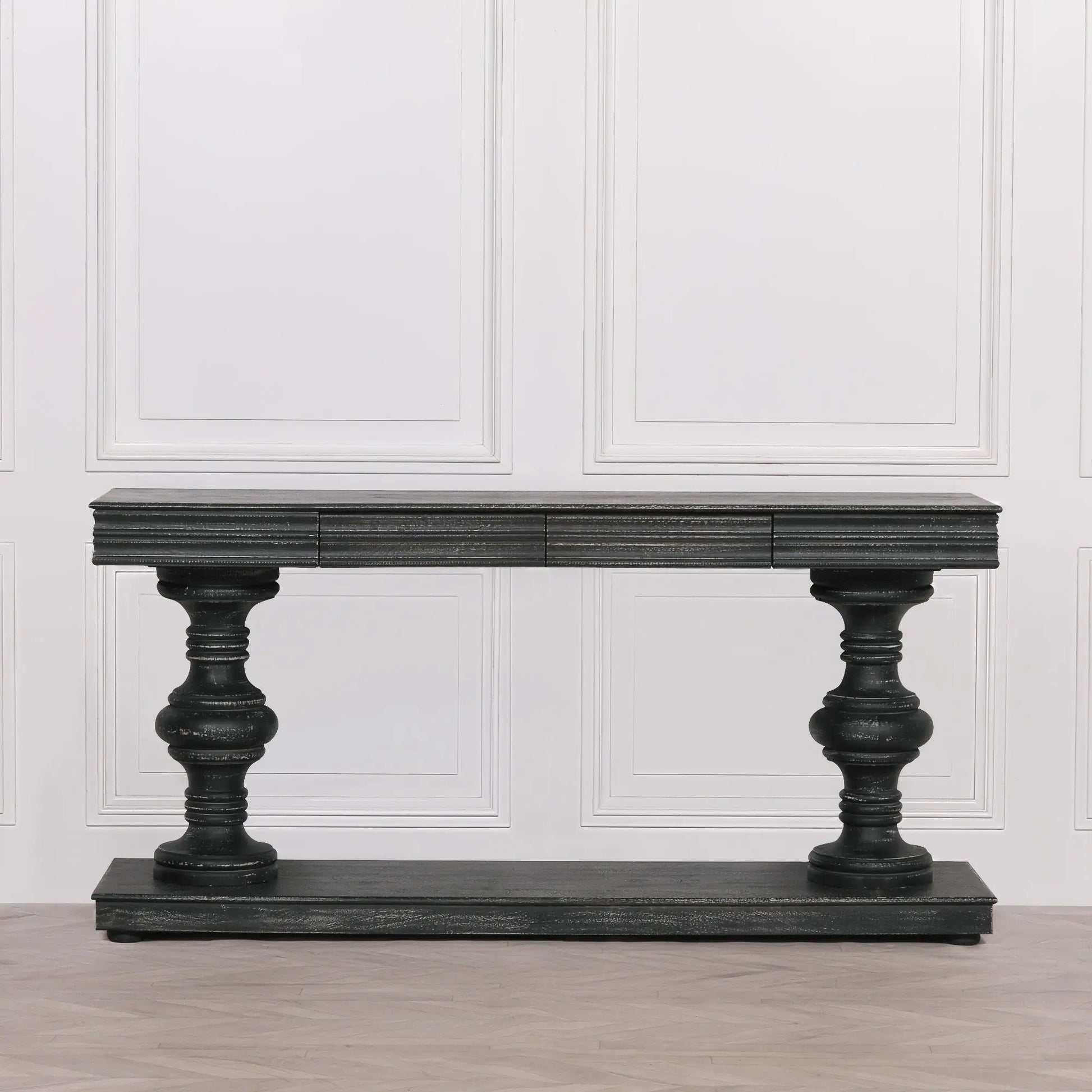 180cm Black Distressed Console Table with Drawers   Nicholas John Interiors