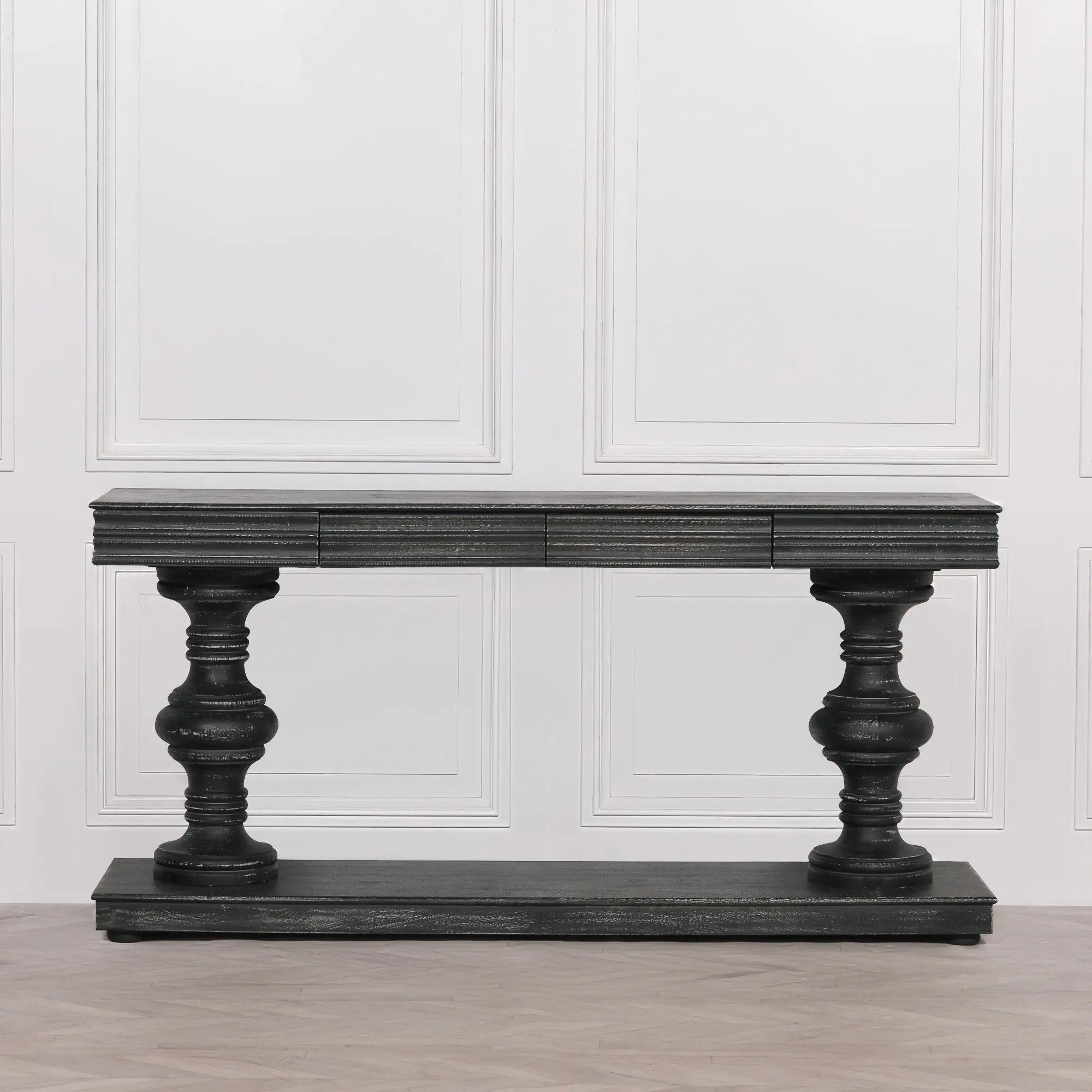 180cm Black Distressed Console Table with Drawers   Nicholas John Interiors