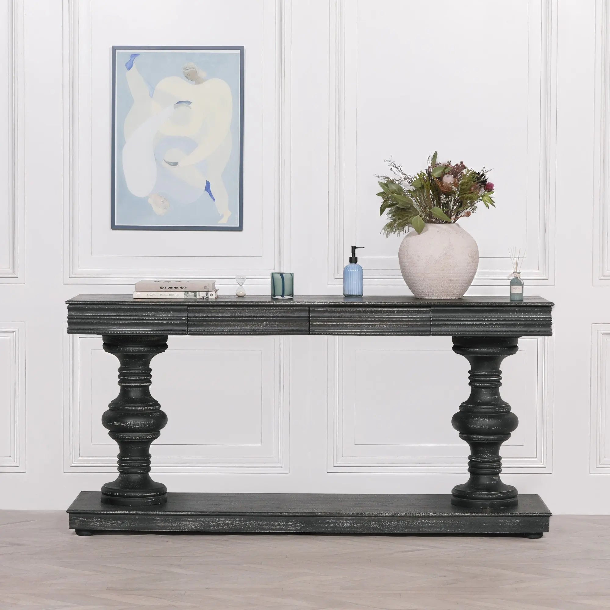 180cm Black Distressed Console Table with Drawers   Nicholas John Interiors