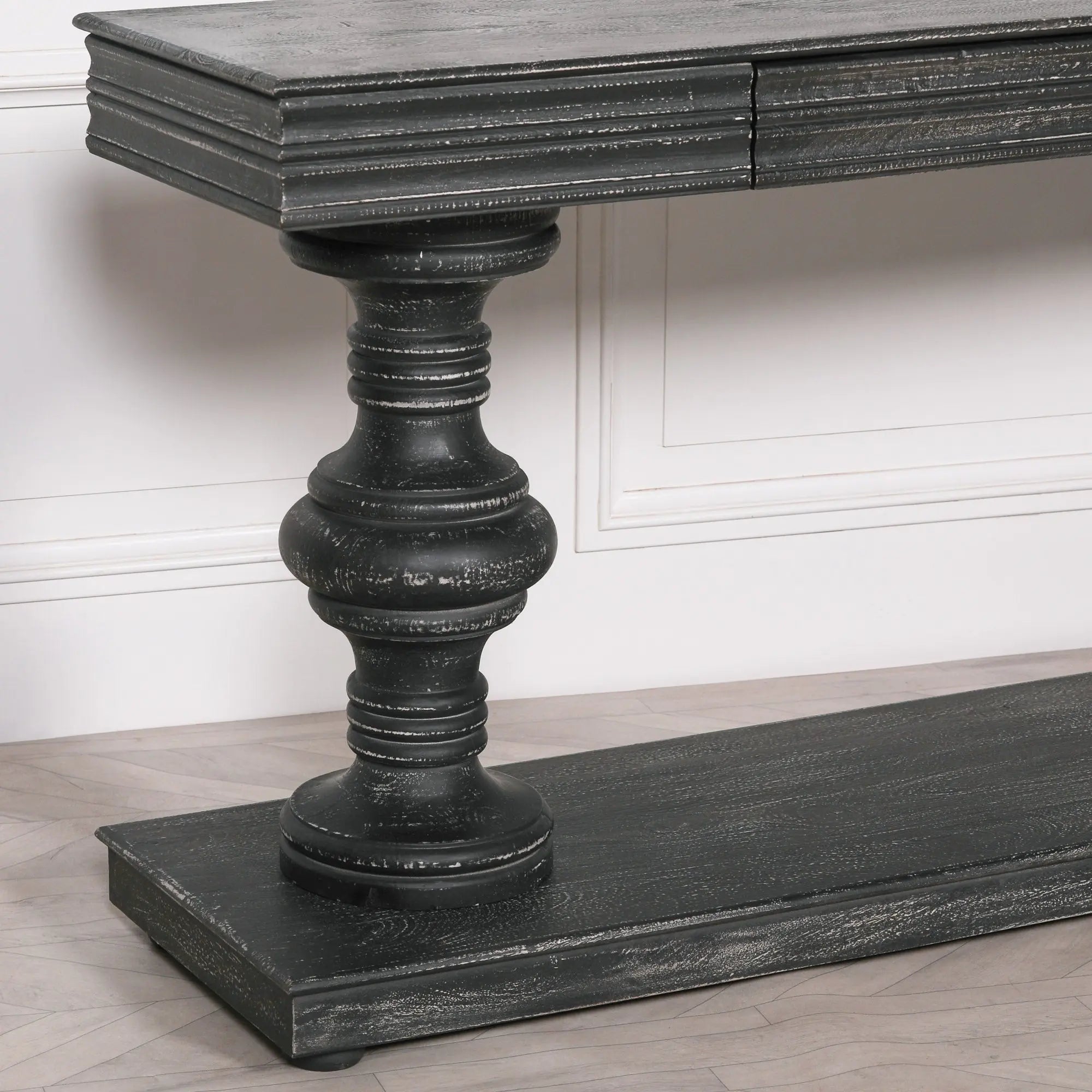 180cm Black Distressed Console Table with Drawers   Nicholas John Interiors