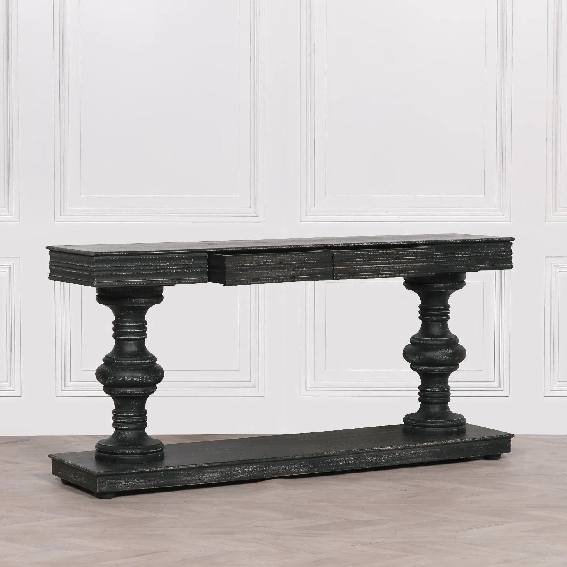 180cm Black Distressed Console Table with Drawers   Nicholas John Interiors