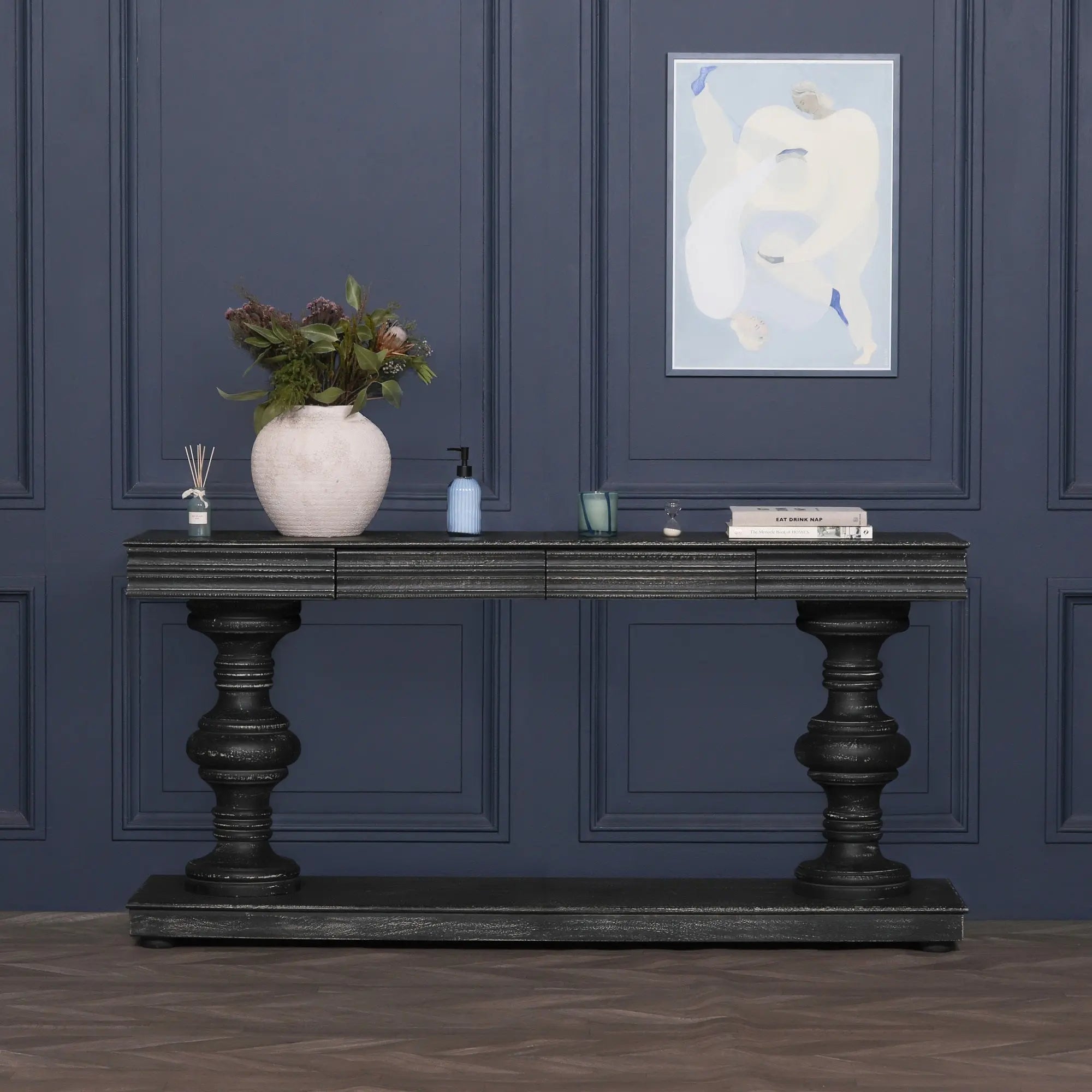 180cm Black Distressed Console Table with Drawers   Nicholas John Interiors