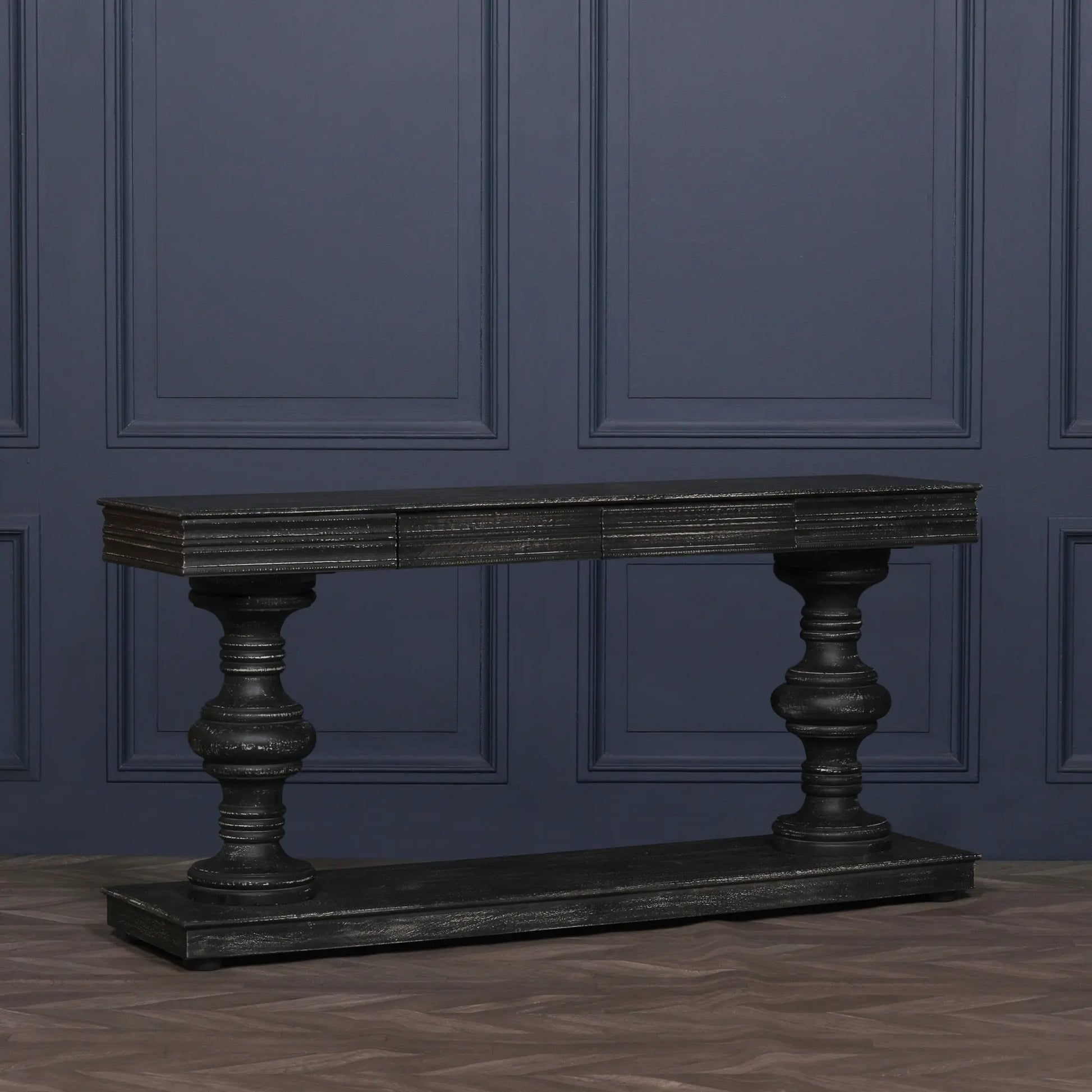 180cm Black Distressed Console Table with Drawers   Nicholas John Interiors