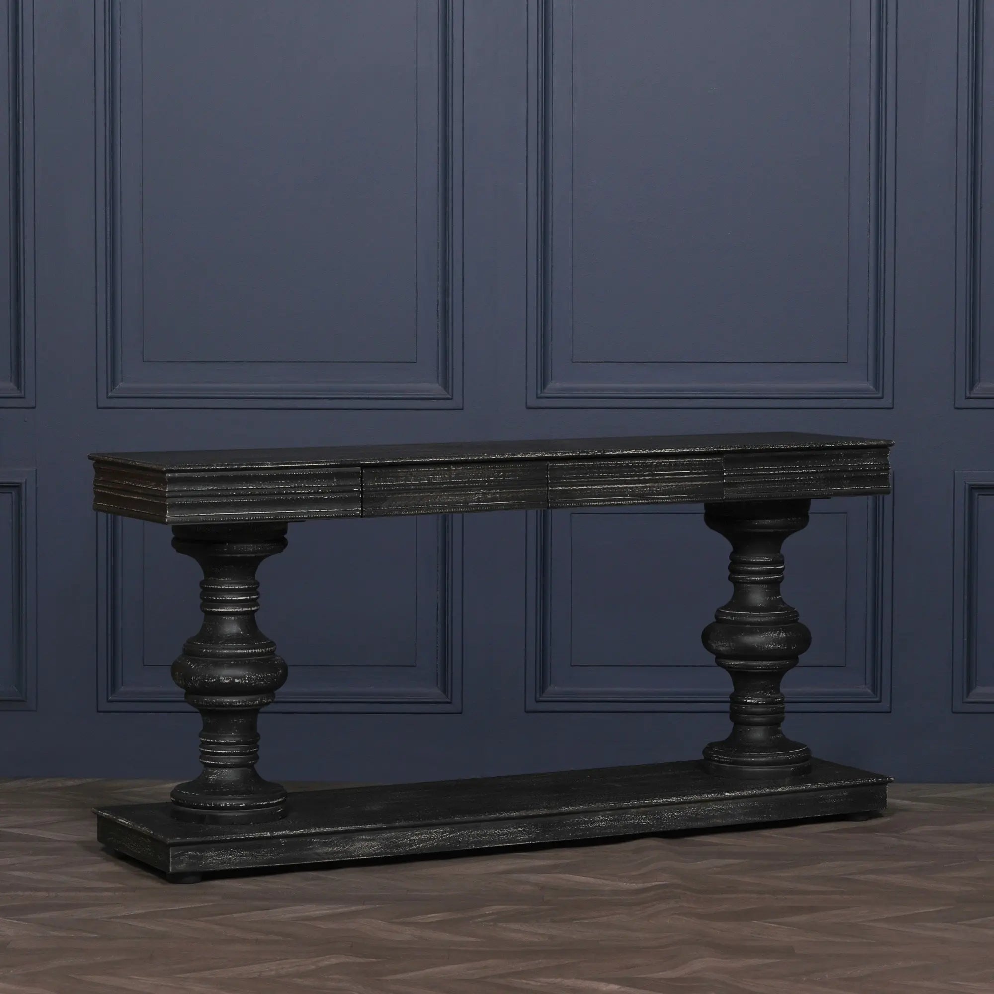 180cm Black Distressed Console Table with Drawers   Nicholas John Interiors