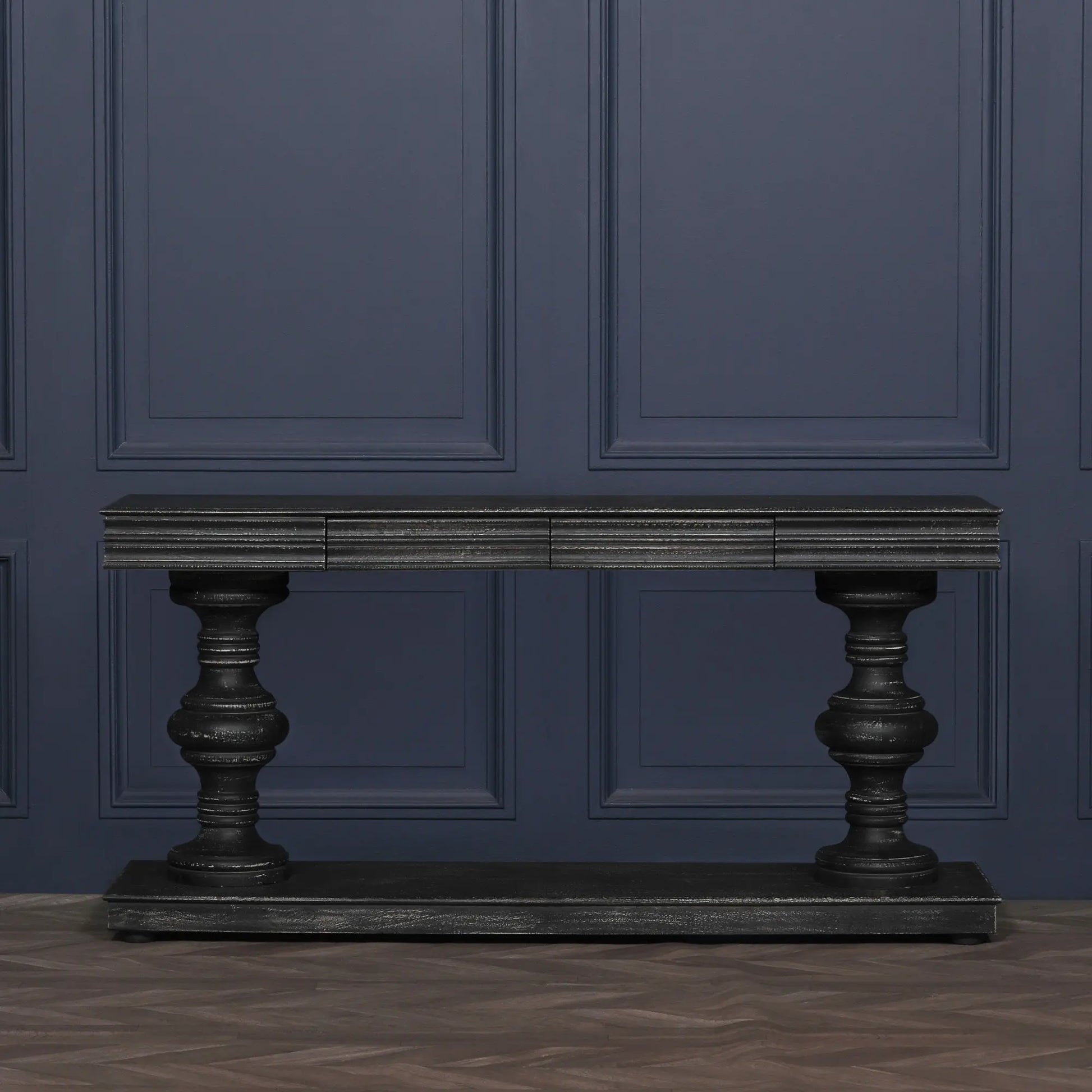 180cm Black Distressed Console Table with Drawers   Nicholas John Interiors