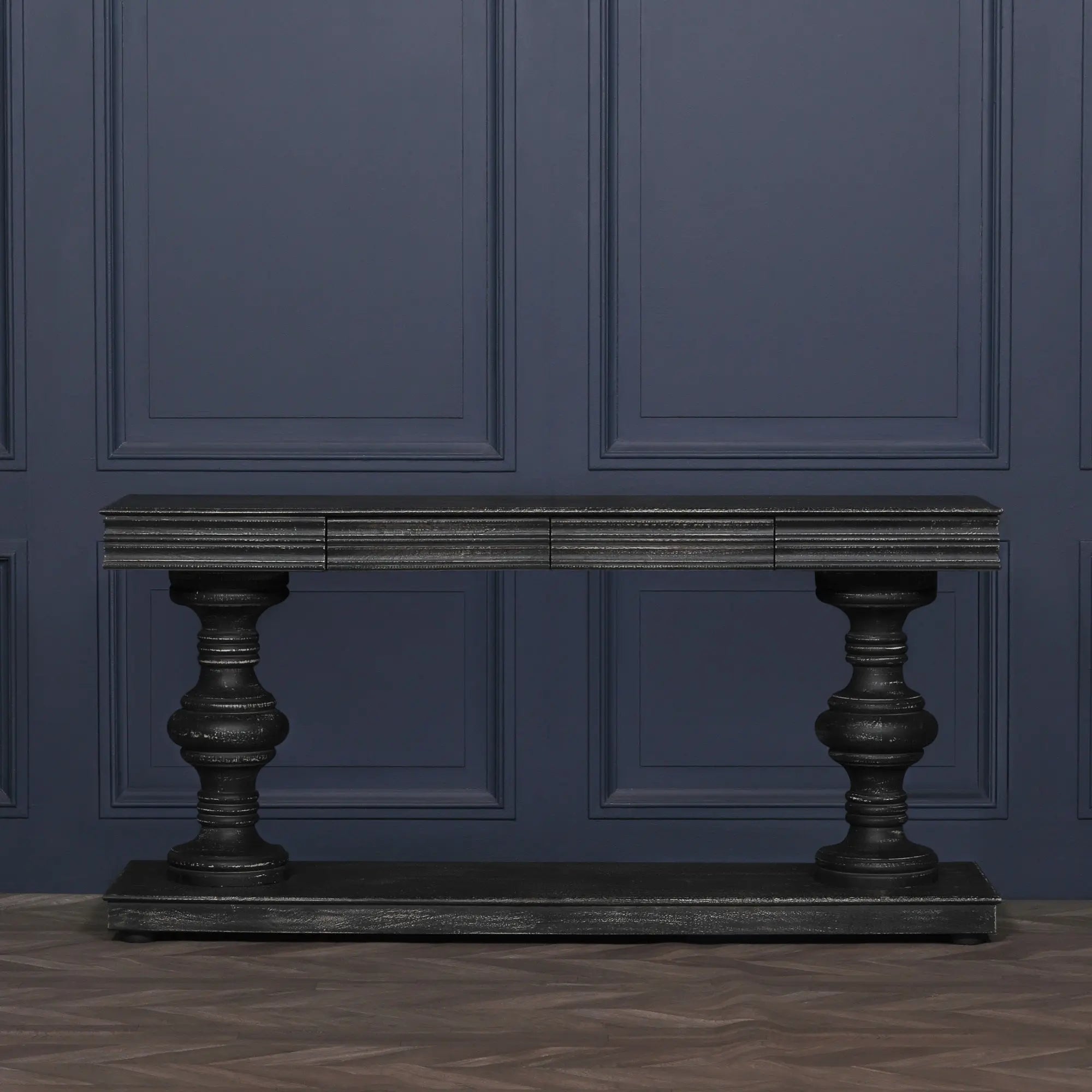 180cm Black Distressed Console Table with Drawers   Nicholas John Interiors