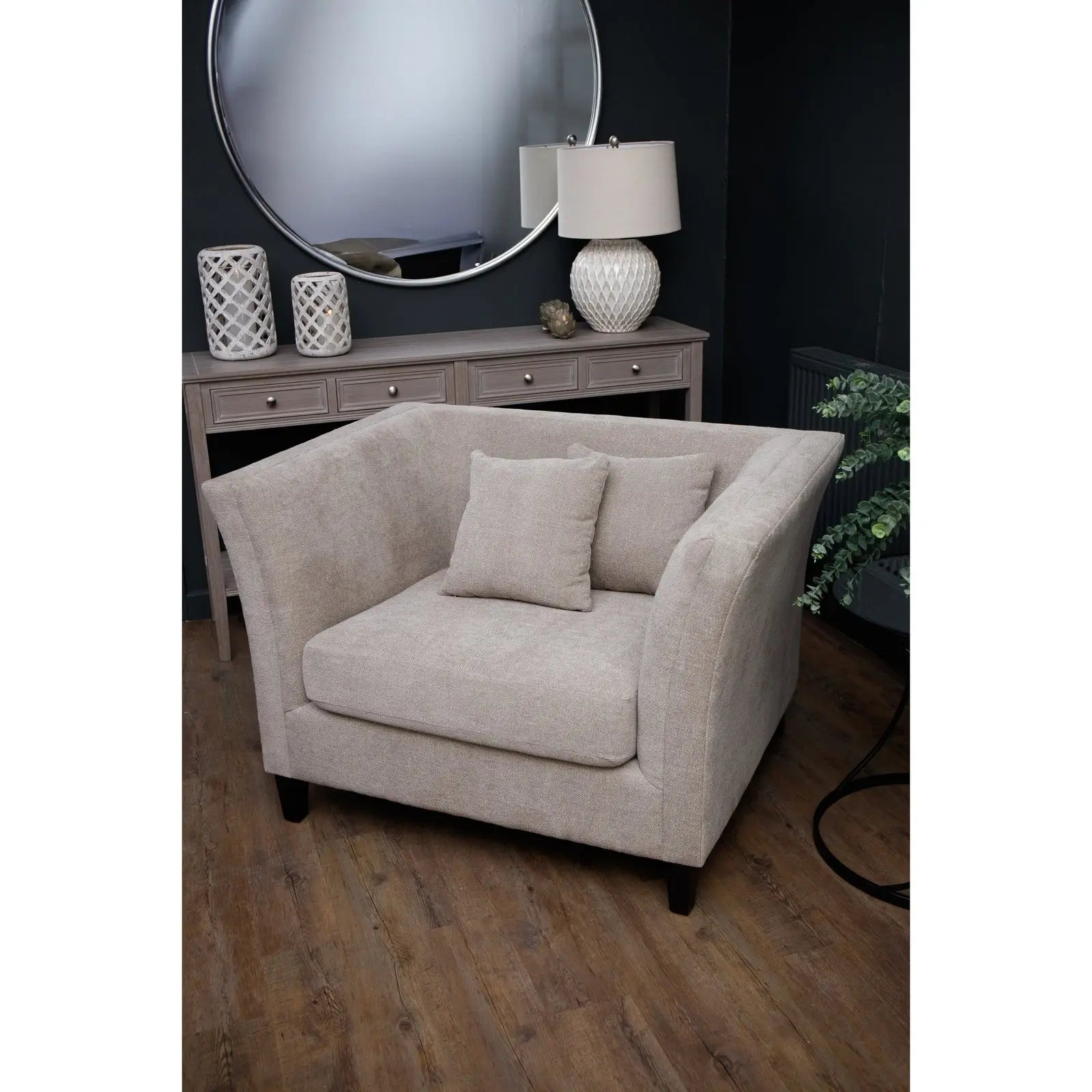 Lesper Taupe Cushion Back Snuggle Chair  Nicholas John Interiors