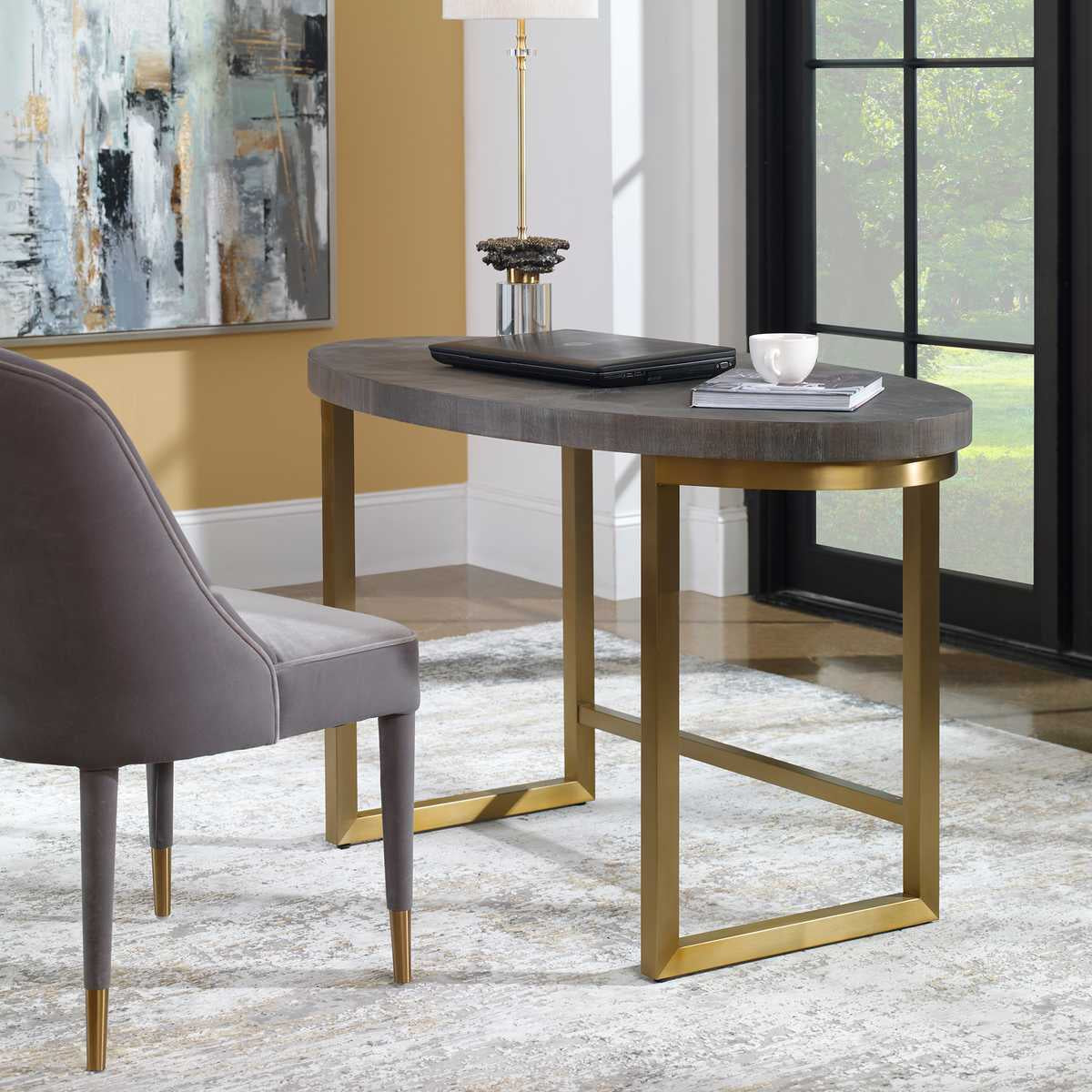 Uttermost Taja Oval Writing Desk in Dark Walnut and Brushed Brass