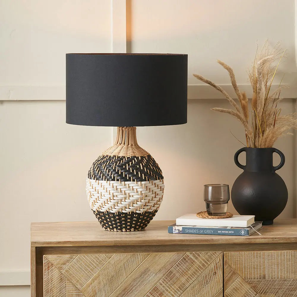 Rowan Natural Rattan Woven Table Lamp - Black & White  Nicholas John Interiors