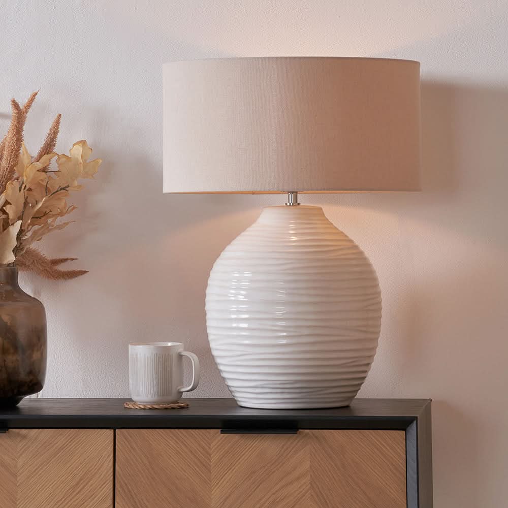 Linnea White Grooved Ceramic Table Lamp   Nicholas John Interiors