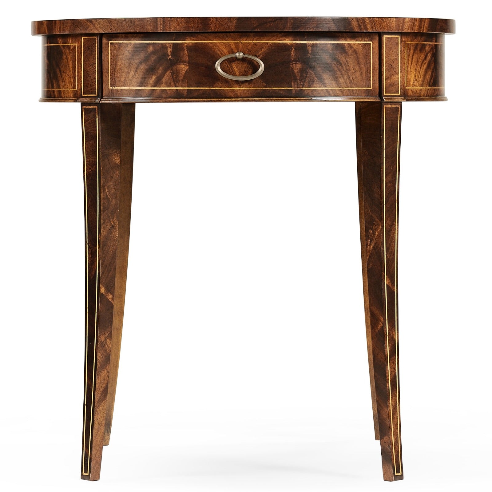 Front view of Jonathan Charles mahogany side table with gold stringing