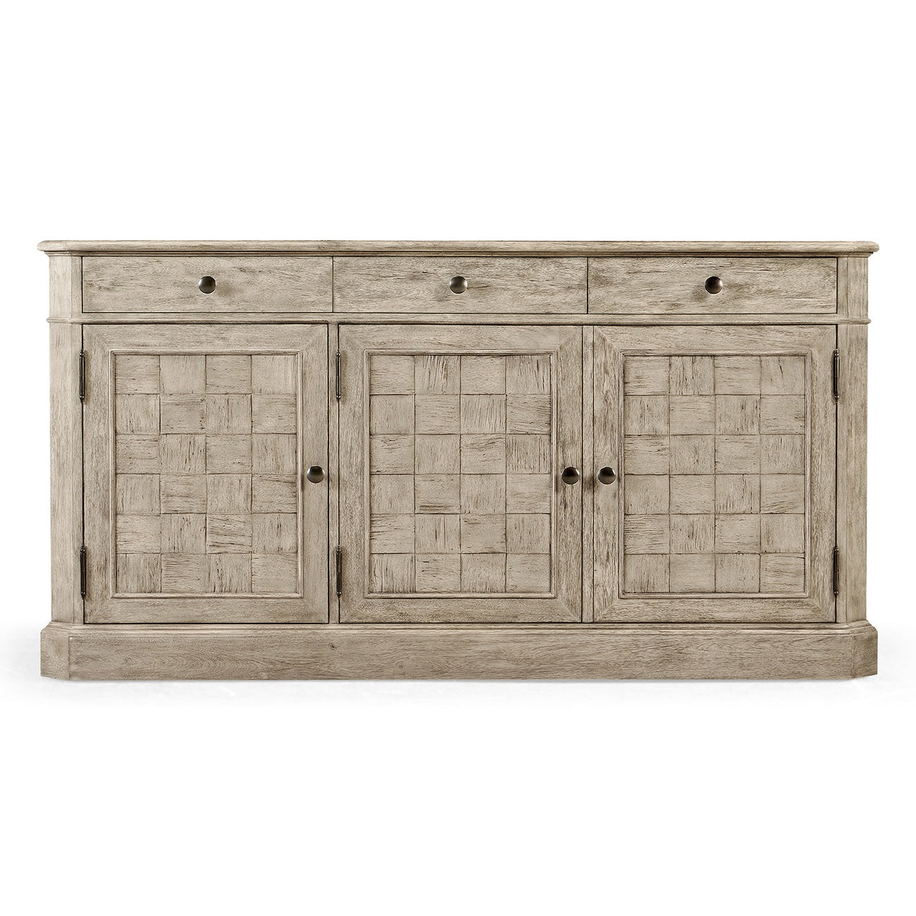 Front view of 64-inch acacia wood sideboard featuring distressed grey finish and dark knobs