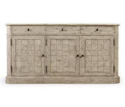 Front view of 64-inch acacia wood sideboard featuring distressed grey finish and dark knobs