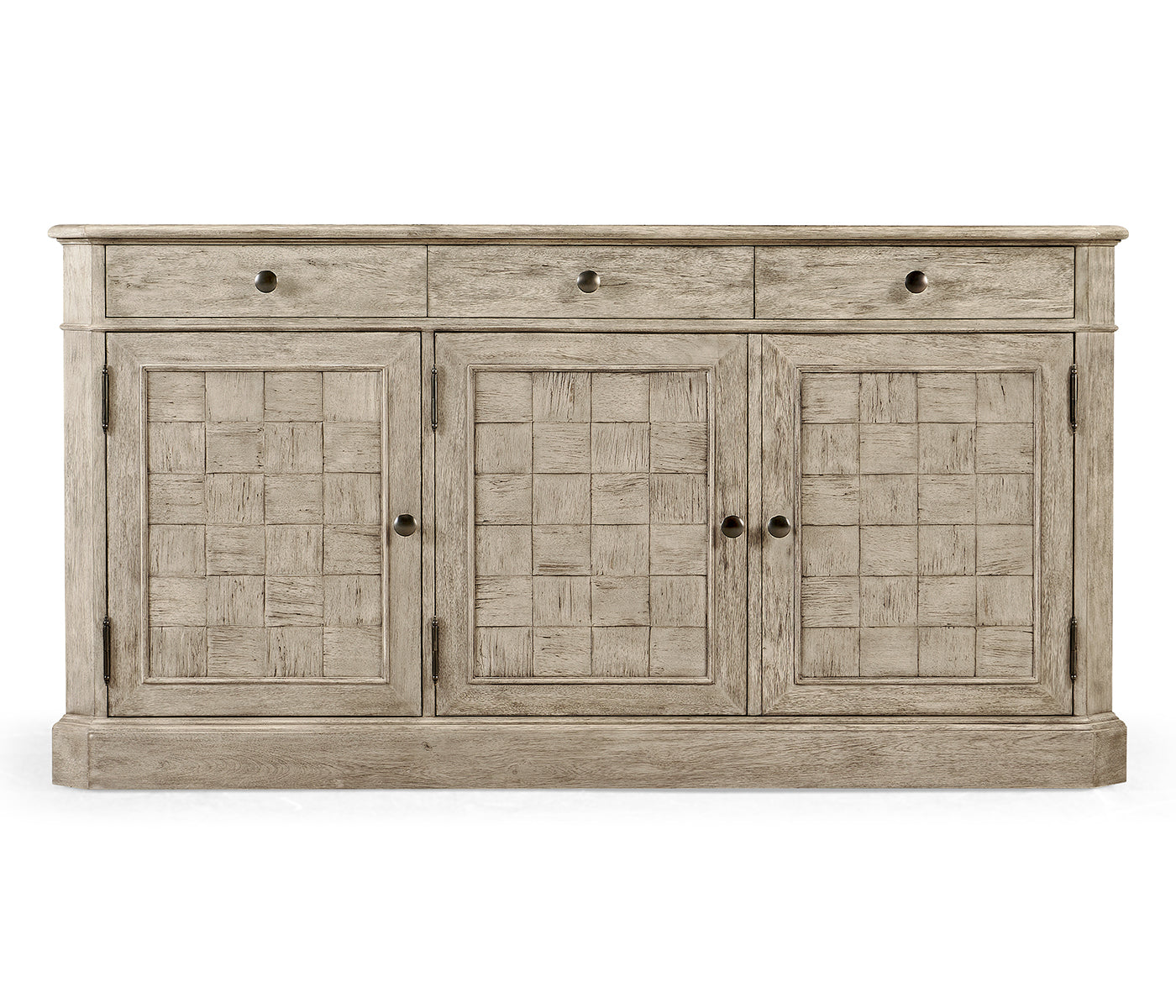 Front view of 64-inch acacia wood sideboard featuring distressed grey finish and dark knobs