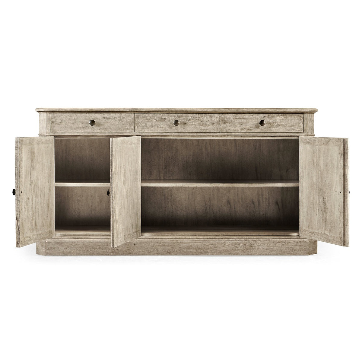 Full open configuration of three-door sideboard displaying adjustable shelving compartments