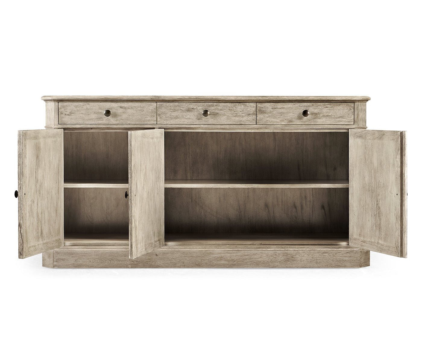 Full open configuration of three-door sideboard displaying adjustable shelving compartments