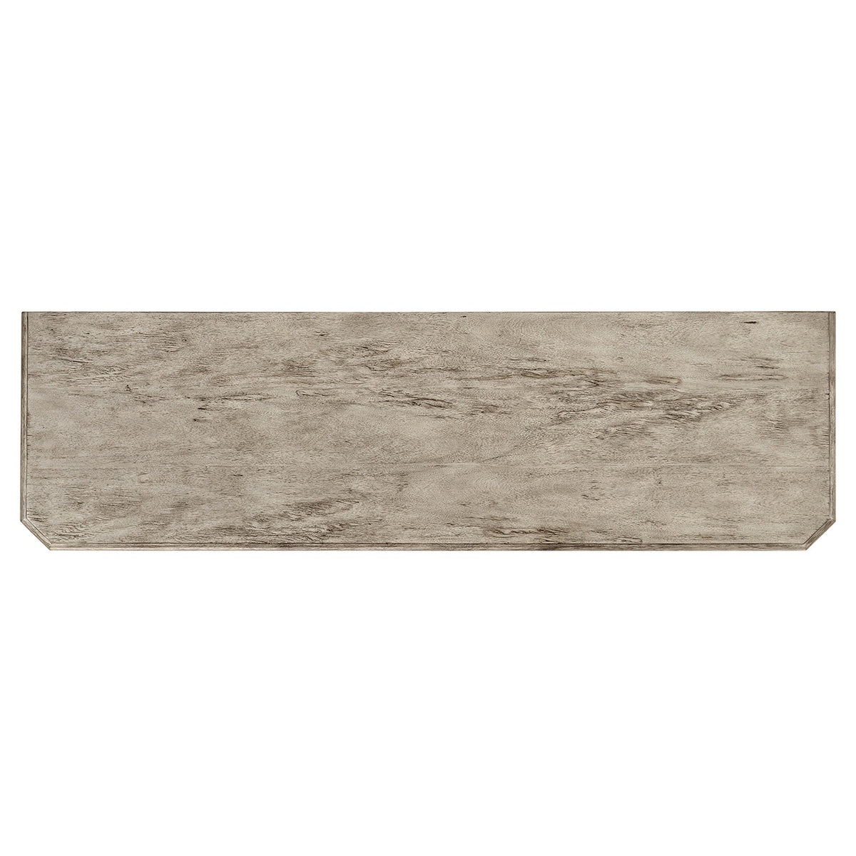 Top surface close-up of rustic grey acacia wood sideboard highlighting linear grain and chamfered corners