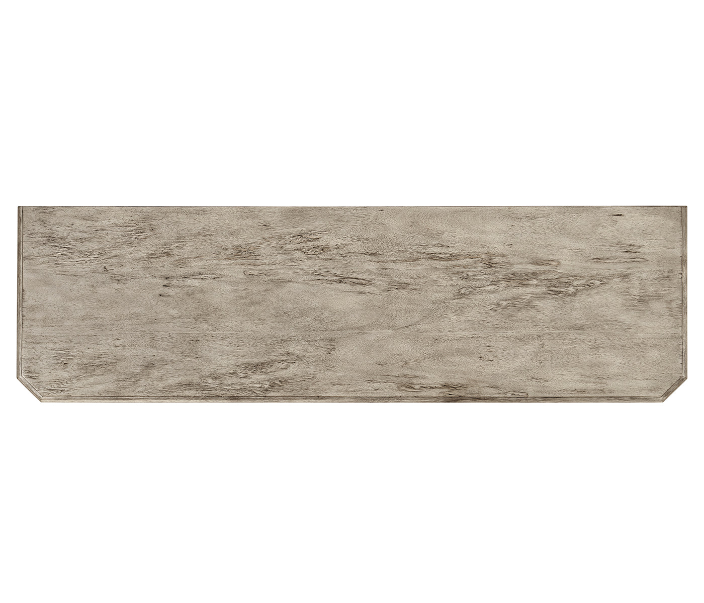 Top surface close-up of rustic grey acacia wood sideboard highlighting linear grain and chamfered corners