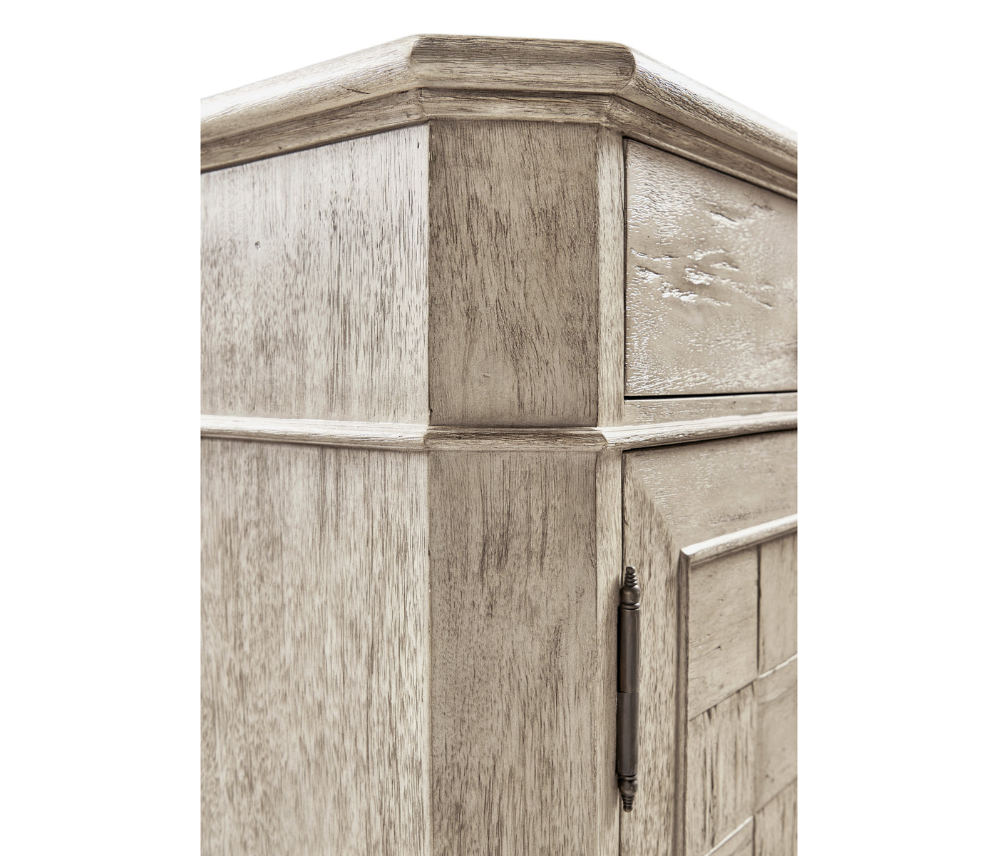 Close-up detail of beveled top edge, vertical grain texture, and antique brass hinge on sideboard