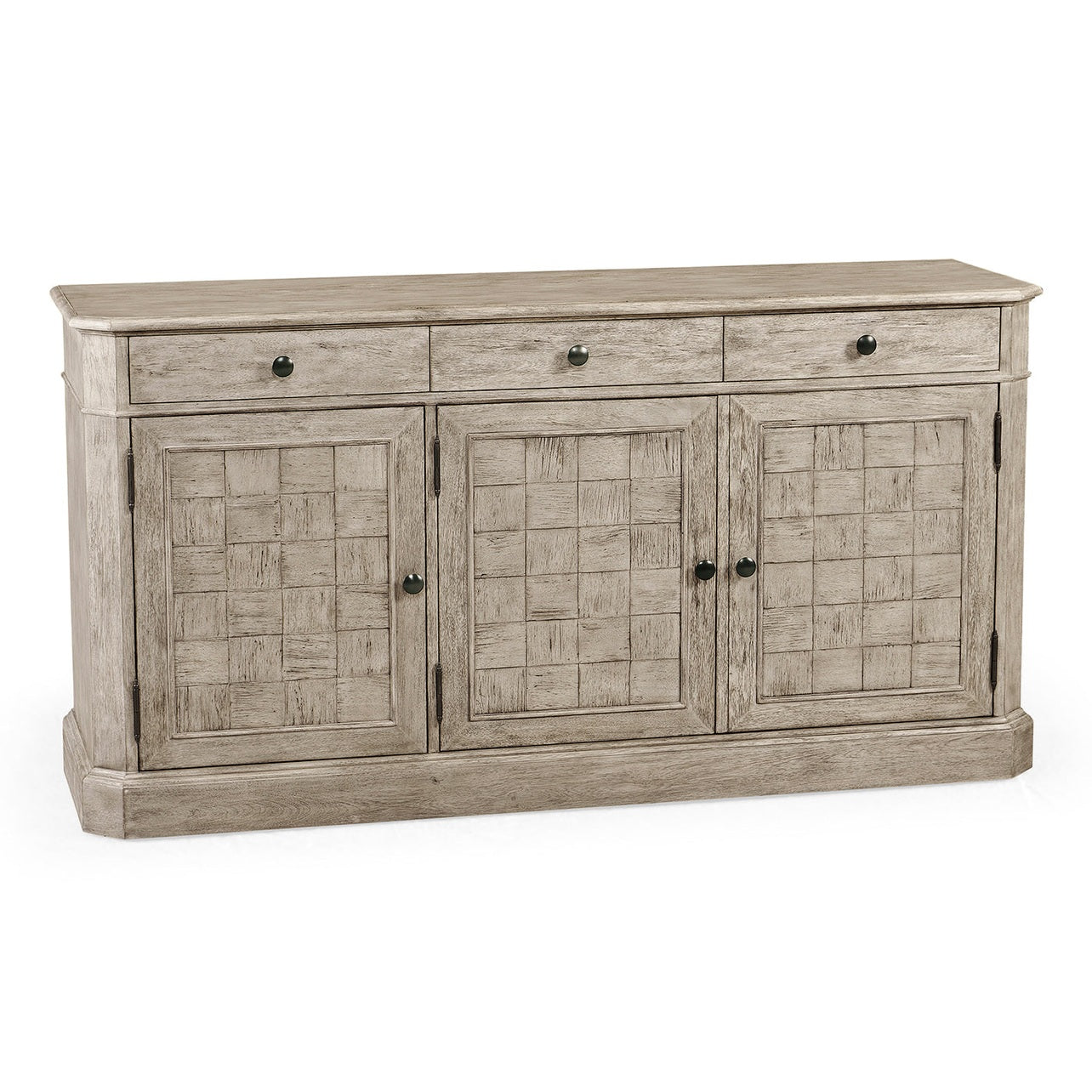 Jonathan Charles rustic grey three-door sideboard with parquetry panels and shallow drawers