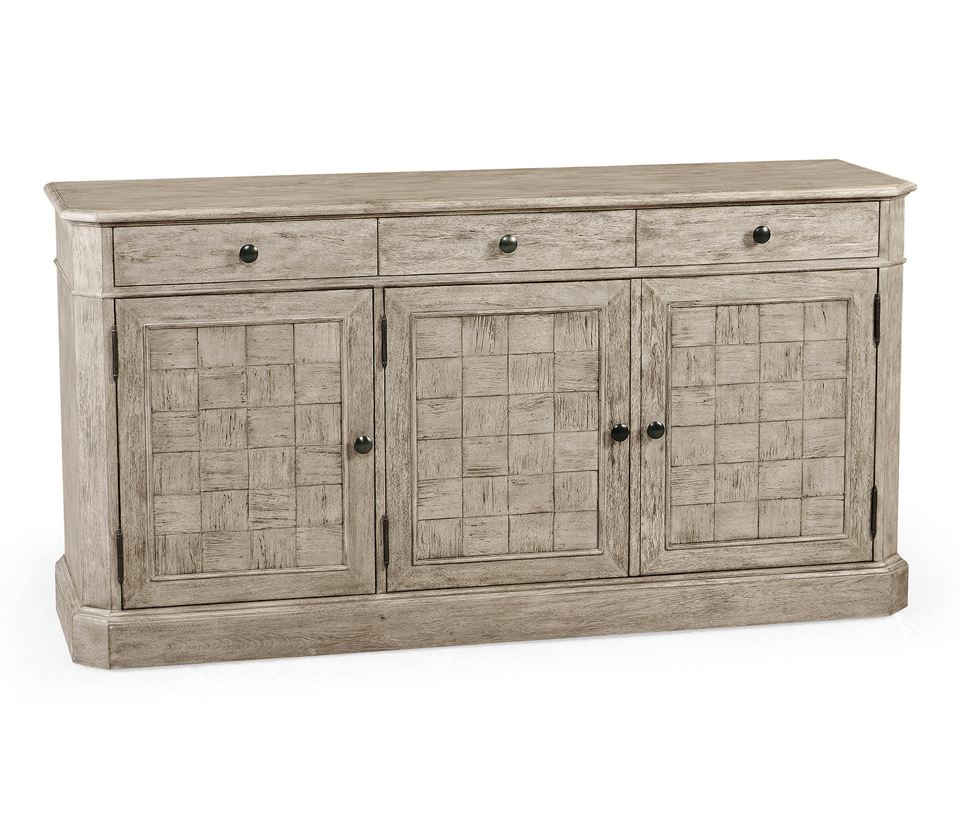 Jonathan Charles rustic grey three-door sideboard with parquetry panels and shallow drawers