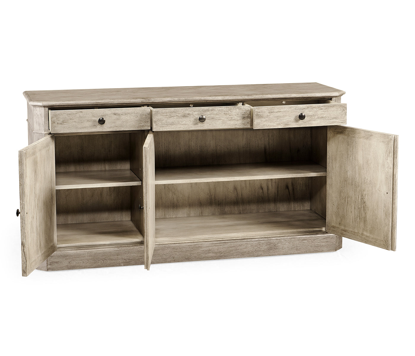 Open interior storage of rustic grey wooden sideboard showing fixed shelves and drawer glides