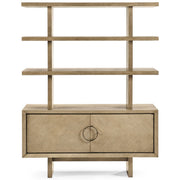 Minimalist Jonathan Charles Cambrio bookcase with three open shelves and symmetrical base cabinet in light beige oak