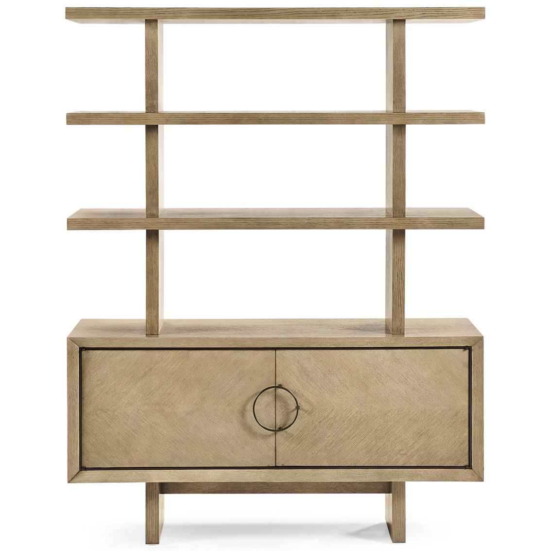 Minimalist Jonathan Charles Cambrio bookcase with three open shelves and symmetrical base cabinet in light beige oak