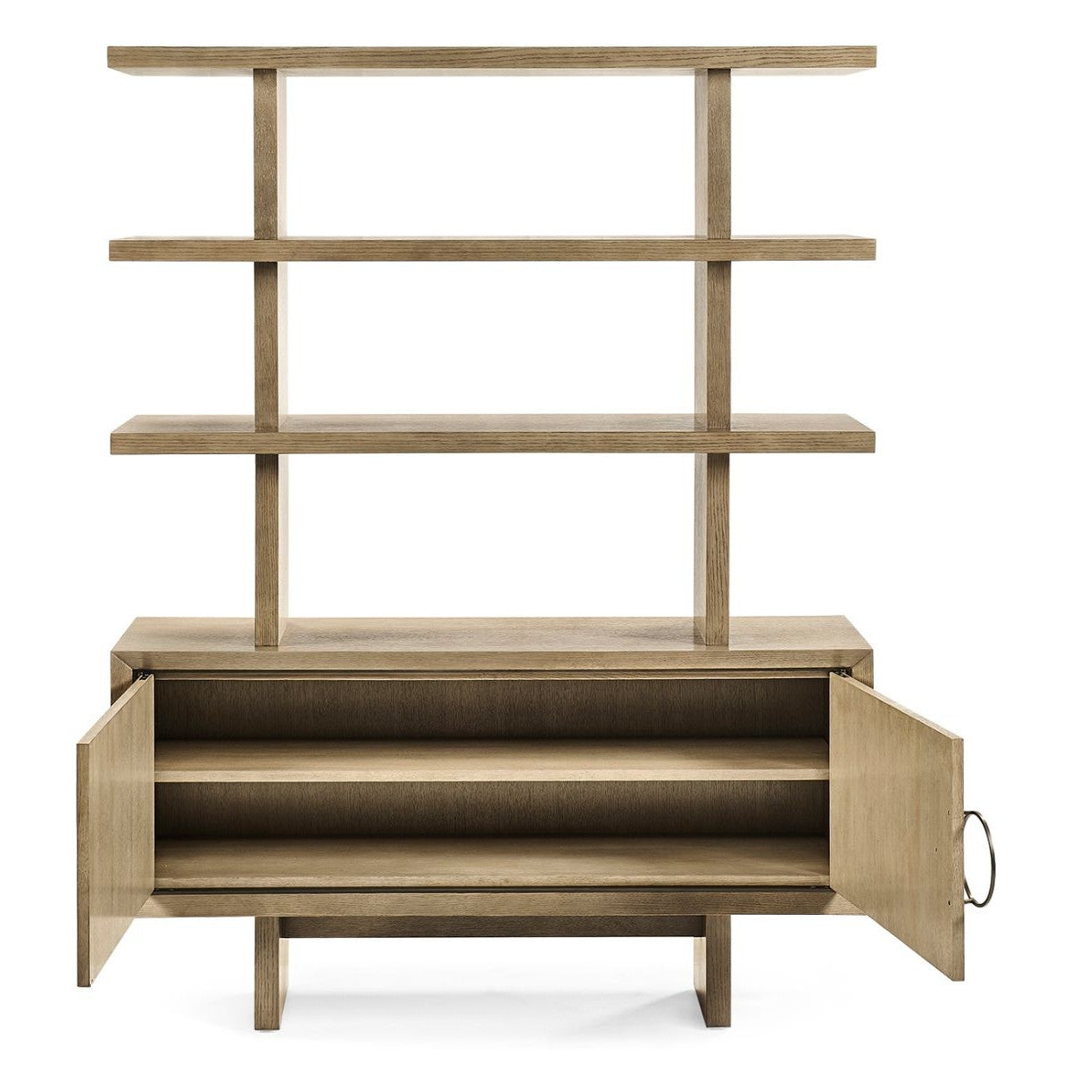 Jonathan Charles Cambrio white oak shelving unit with open shelves and two-door cabinet featuring dark metal ring pulls