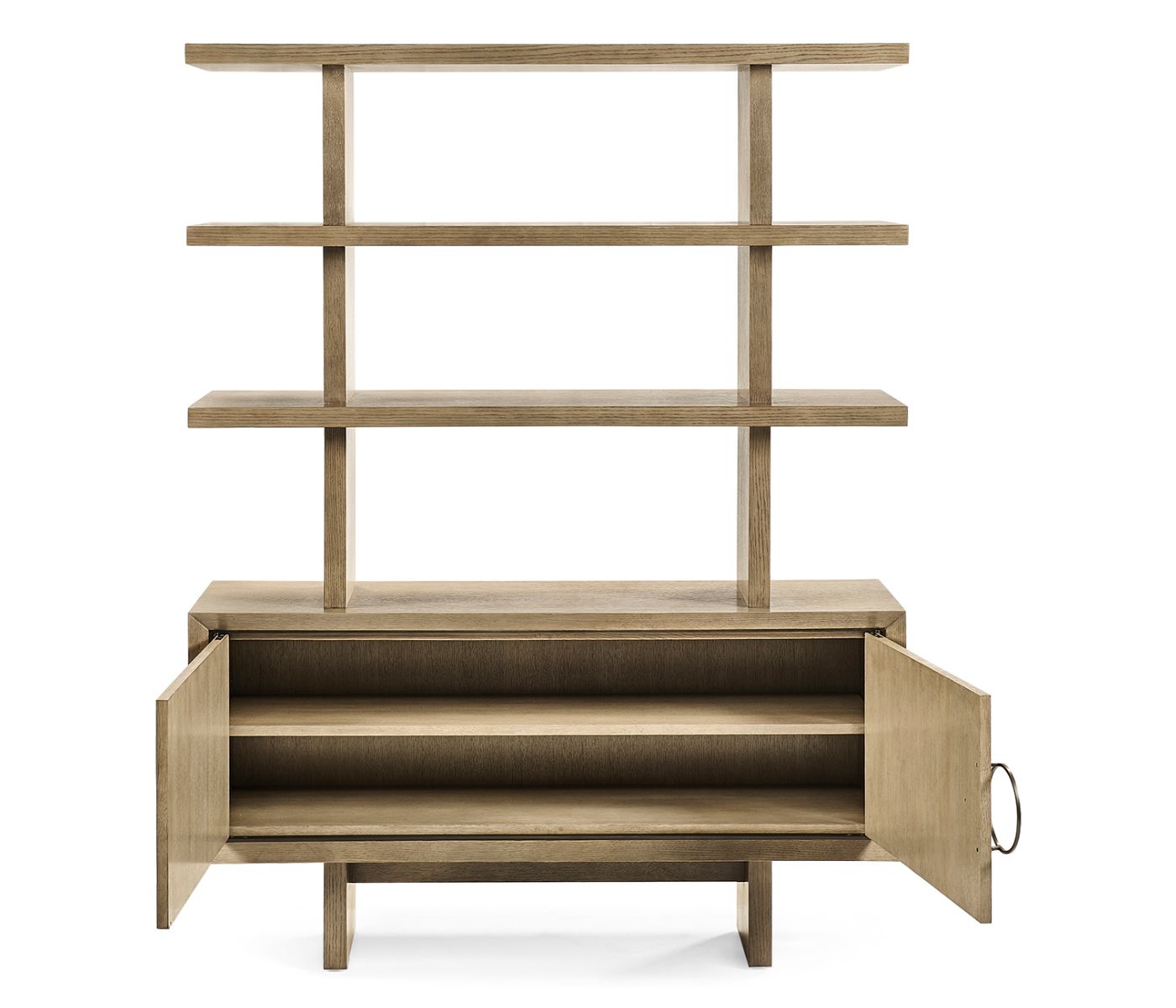 Jonathan Charles Cambrio white oak shelving unit with open shelves and two-door cabinet featuring dark metal ring pulls