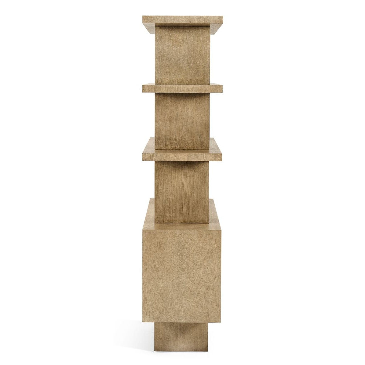 Side profile of Jonathan Charles Cambrio shelving unit showing stacked geometric structure and textured ceruse oak finish