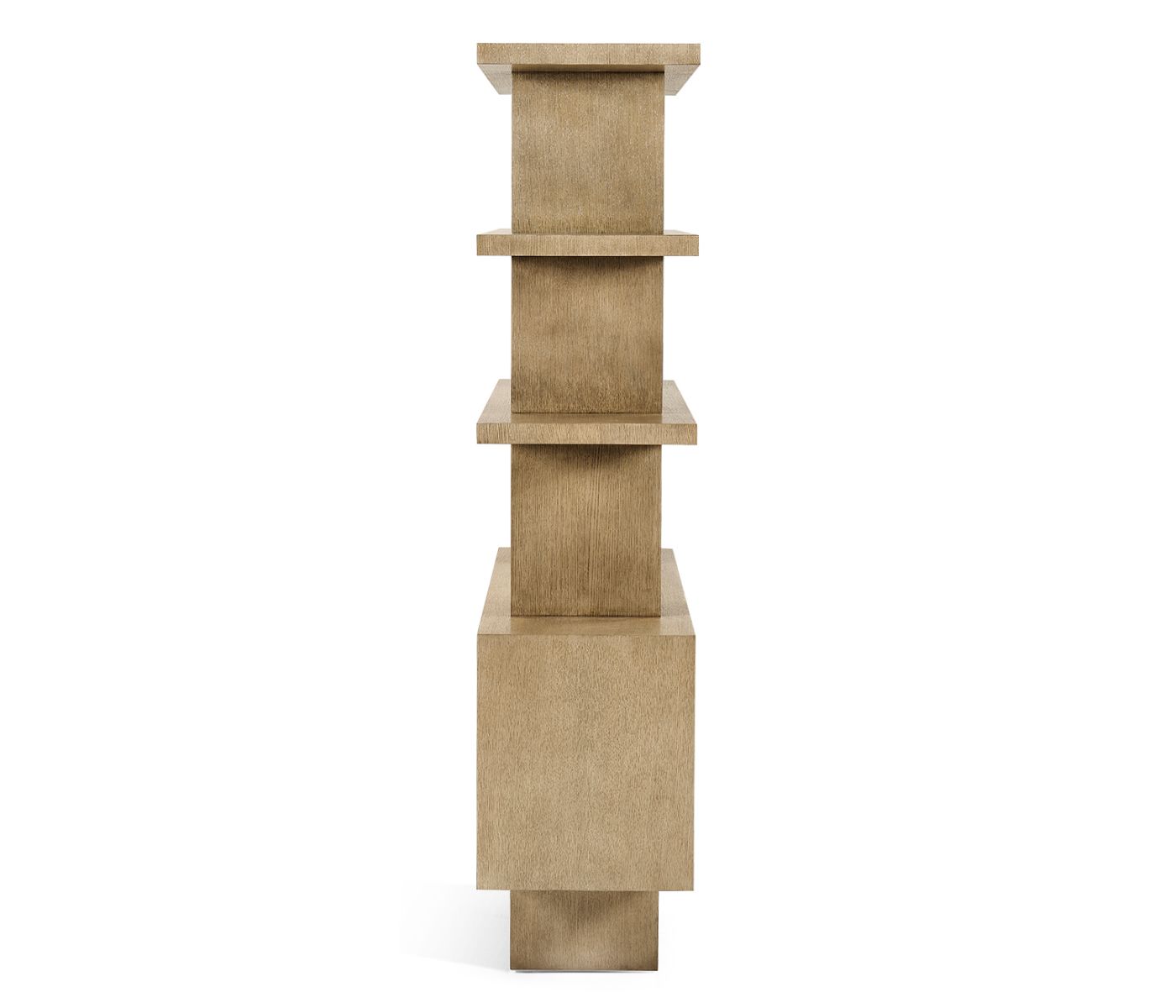 Side profile of Jonathan Charles Cambrio shelving unit showing stacked geometric structure and textured ceruse oak finish
