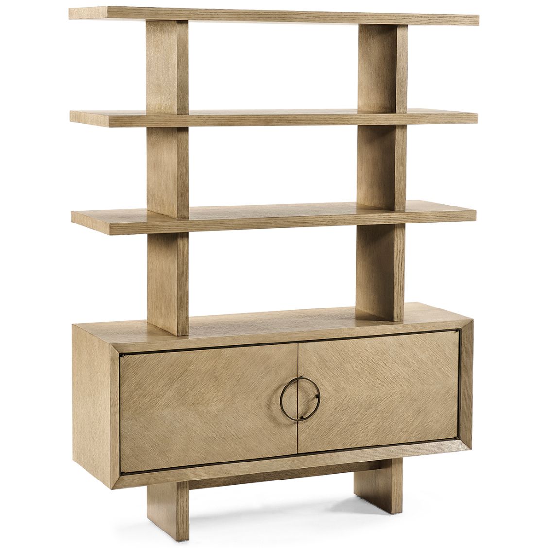 Front view of Cambrio shelving unit with closed black-framed panel doors and central circular metal ring handle