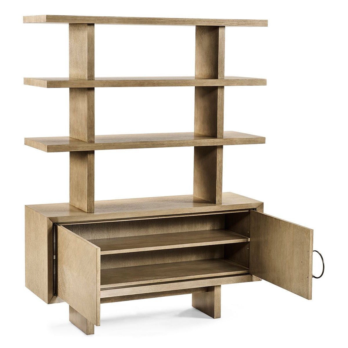 Open cabinet view of Cambrio white oak storage unit revealing interior shelves and floating upper shelf design