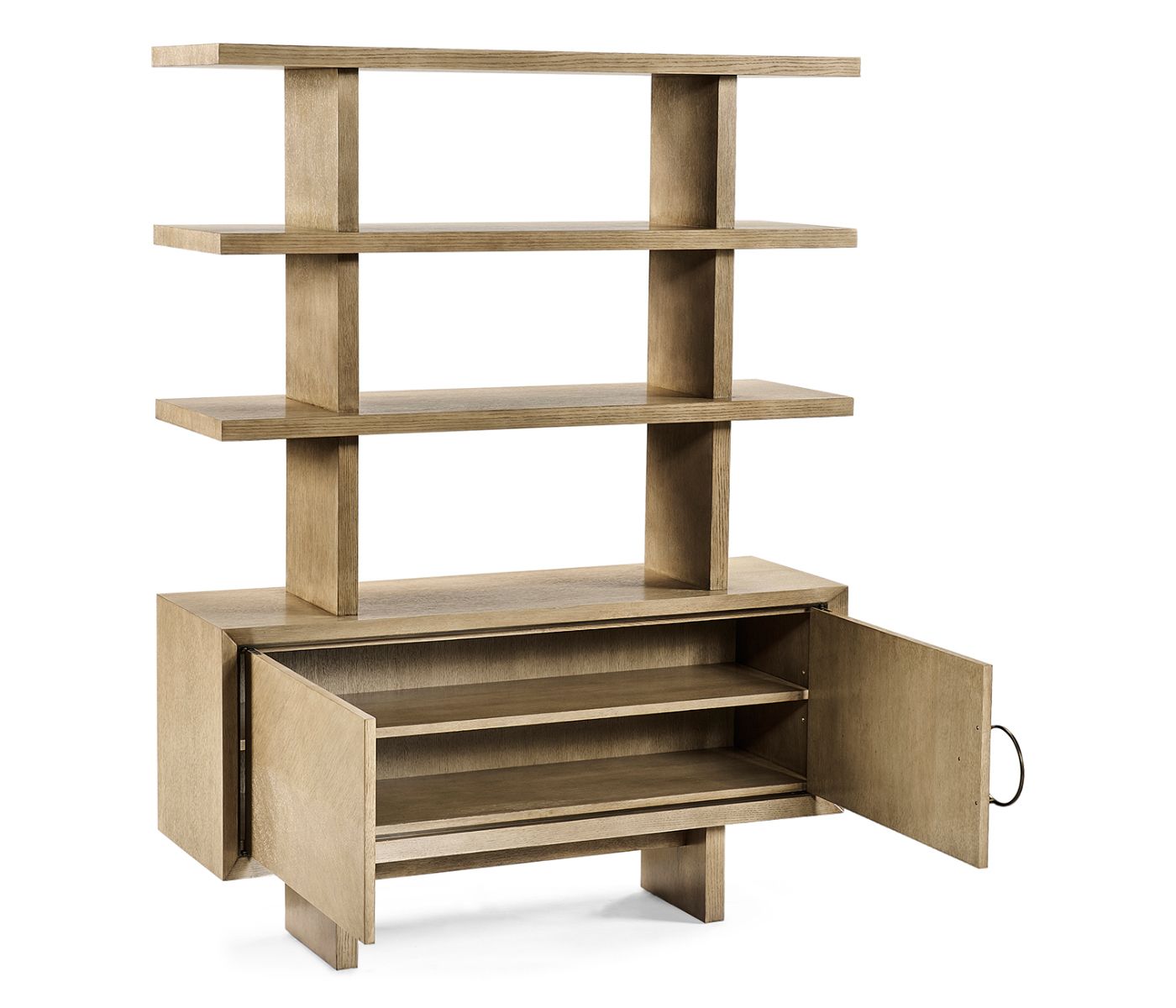 Open cabinet view of Cambrio white oak storage unit revealing interior shelves and floating upper shelf design