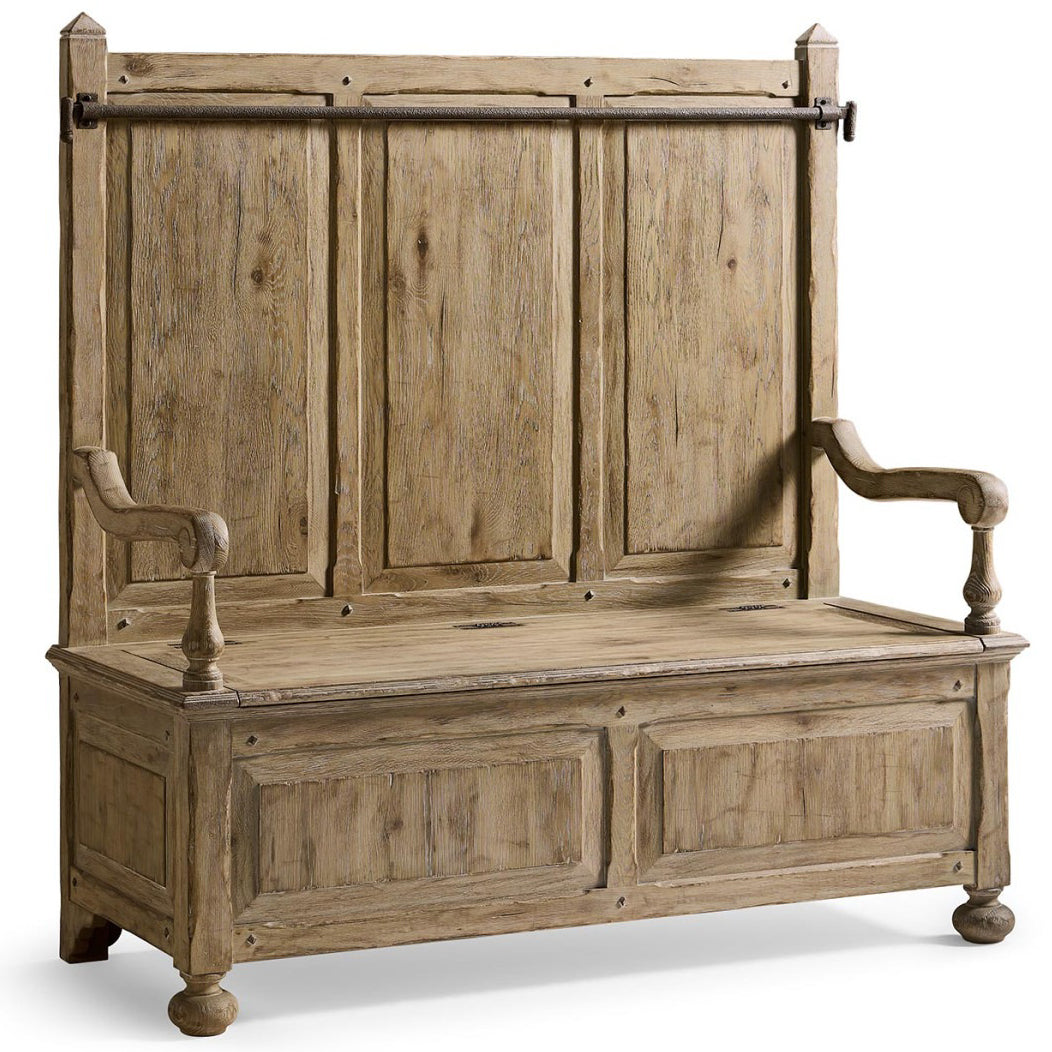 Jonathan Charles Sagehill rustic oak hall bench with leather seat and carved scroll arms