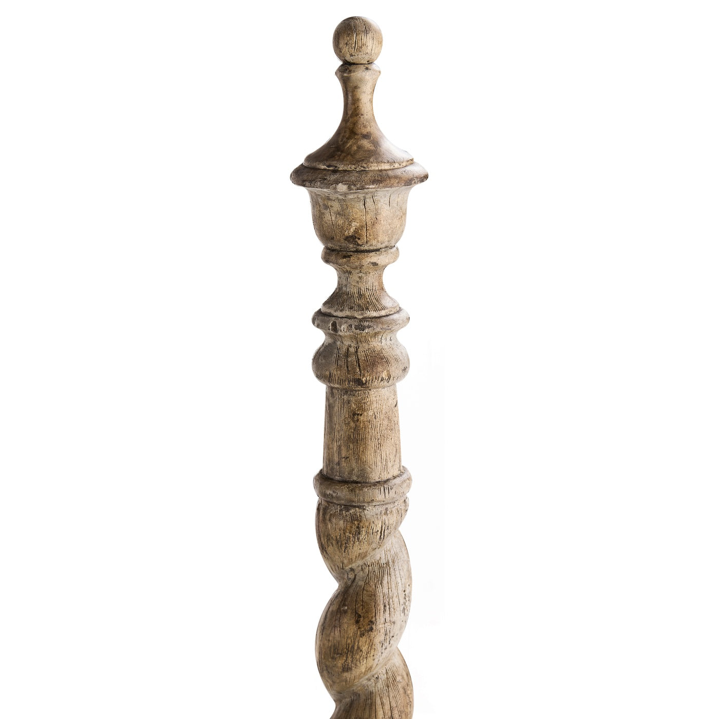 Close-up of Jonathan Charles Caldera twisted spiral acacia wood post with turned finial and hand-applied Light Spain Walnut finish
