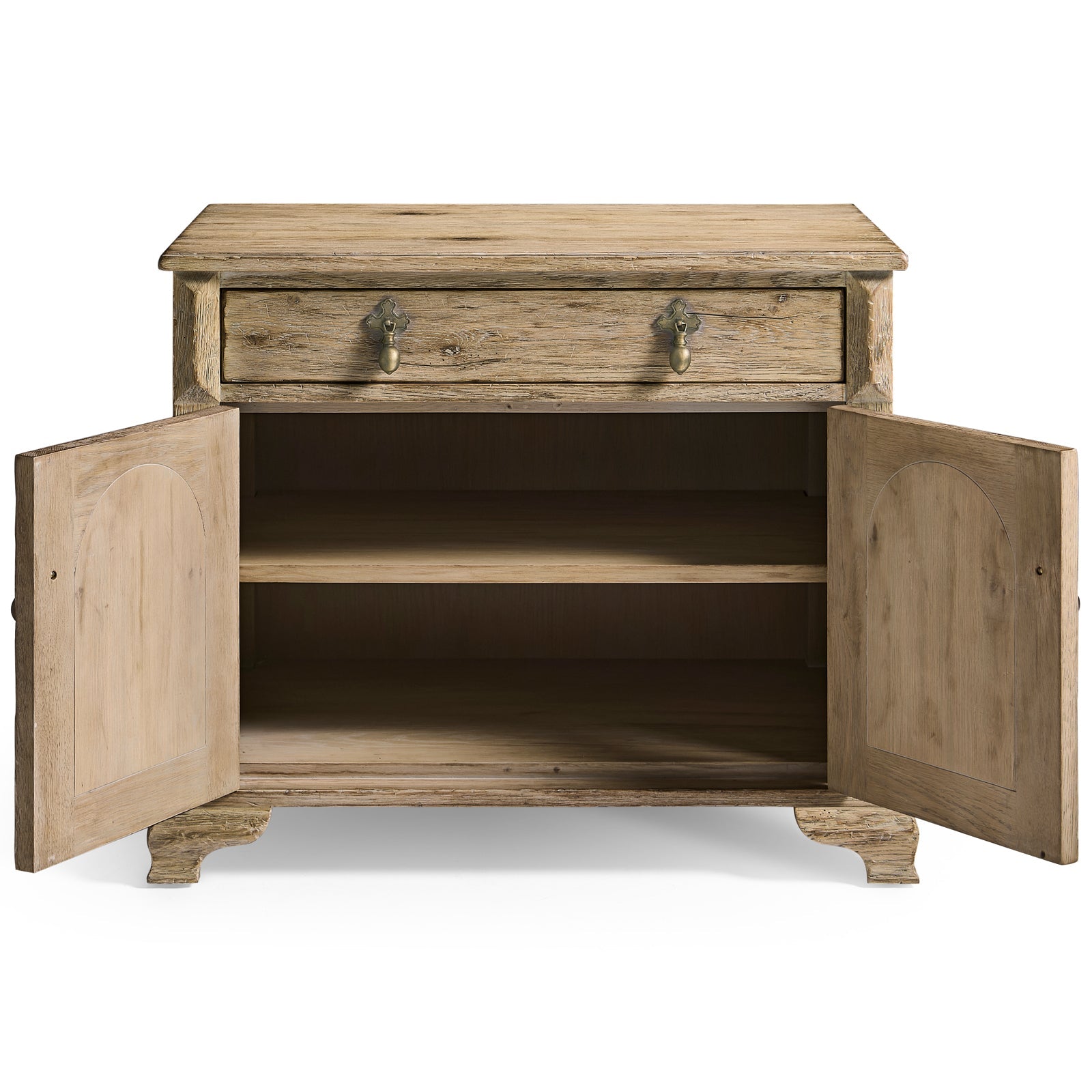 Open interior view of Sagehill oak bedside table revealing two fixed wooden shelves and storage capacity
