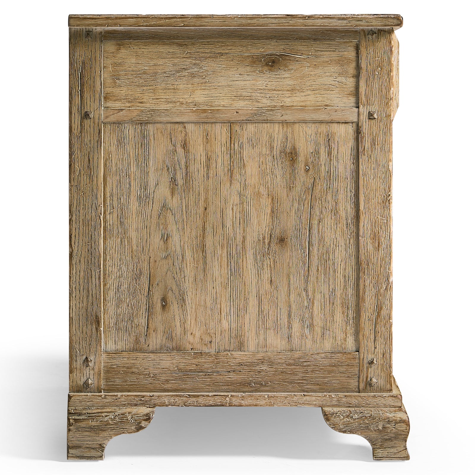 Rear view of Jonathan Charles Sagehill oak bedside table showing vertical plank construction and corner fasteners