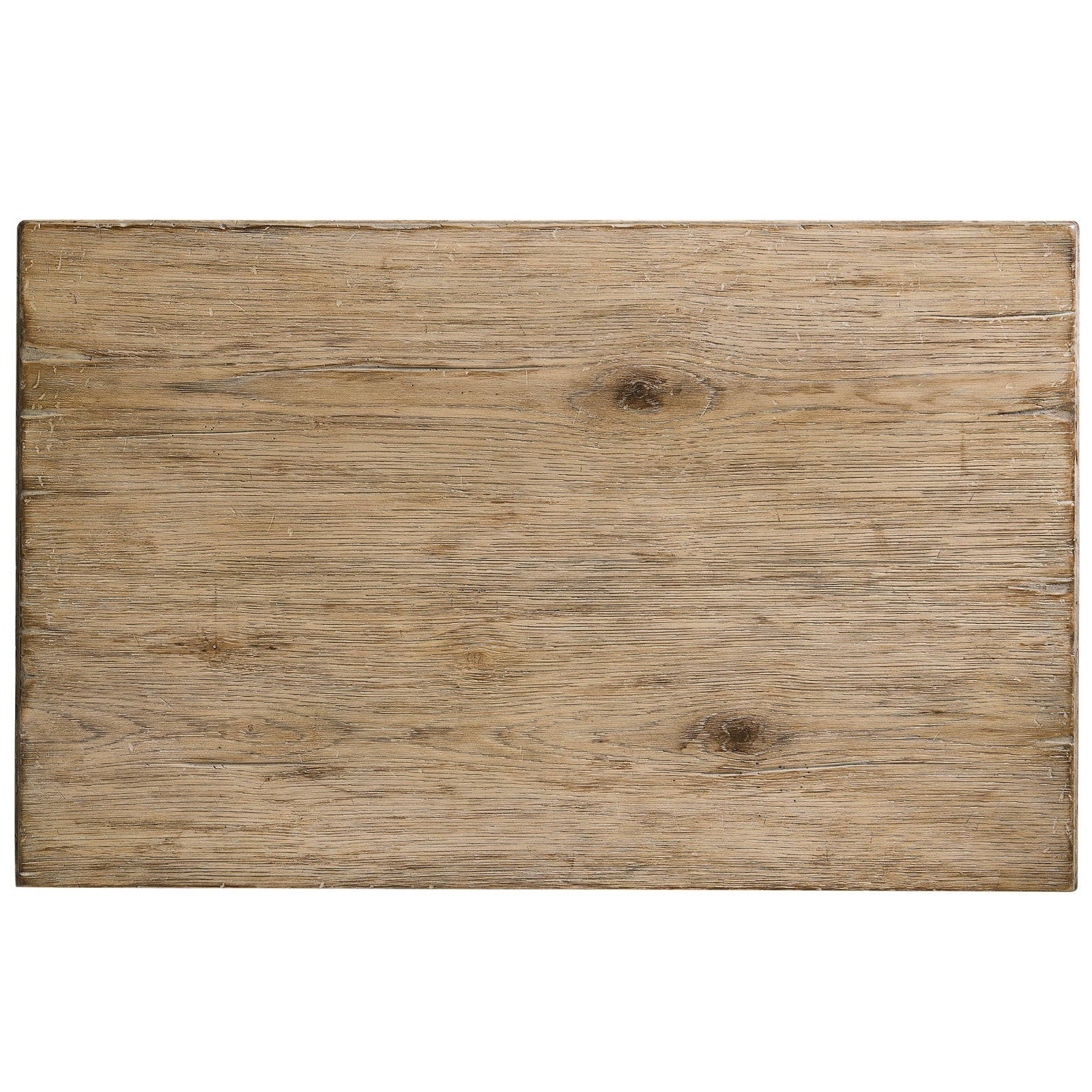Close-up of Jonathan Charles Sagehill oak bedside table top showing Timberon Grey Oak finish with visible grain and knots