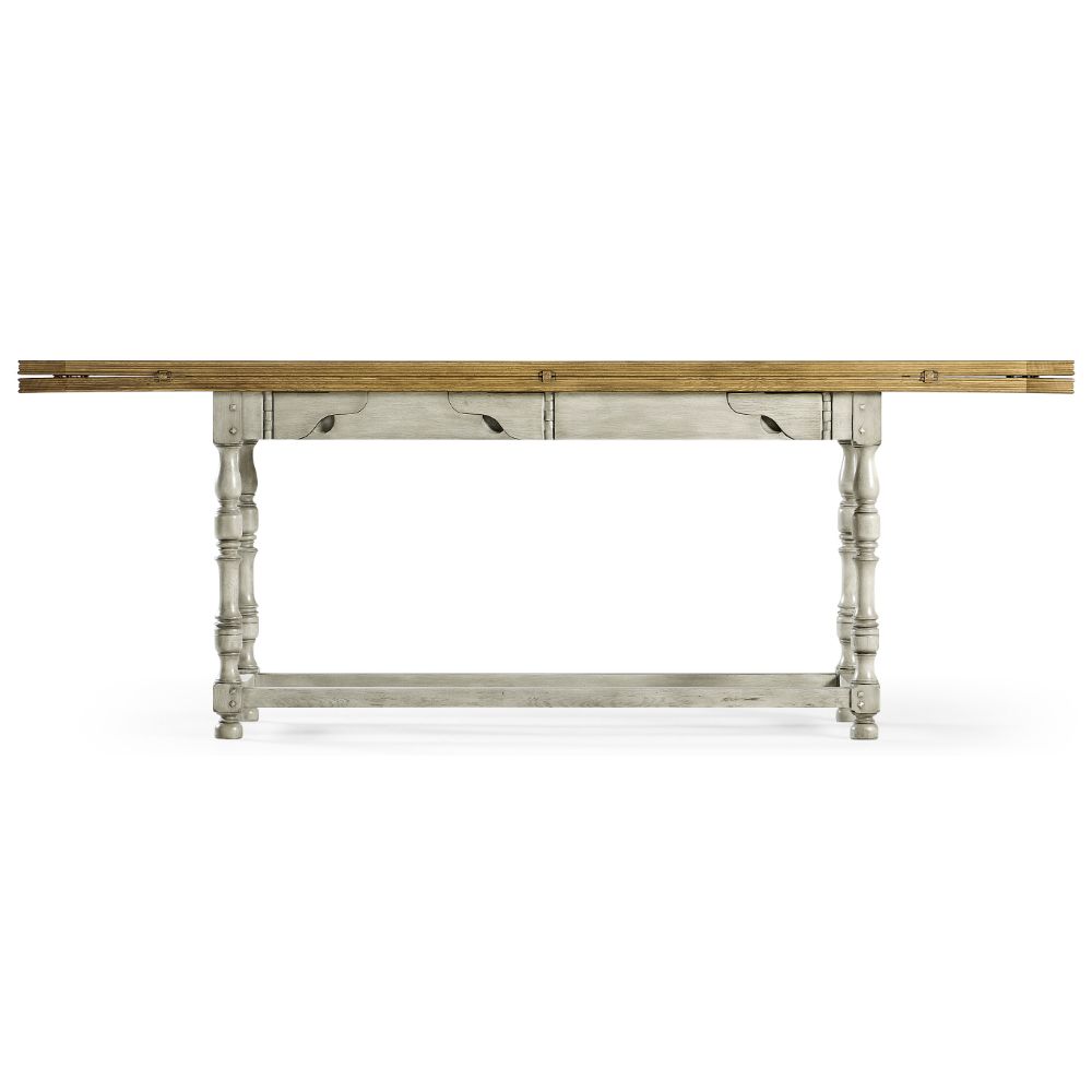 Jonathan Charles Fabien extending dining table with natural oak top and country grey base showing folded extension leaves
